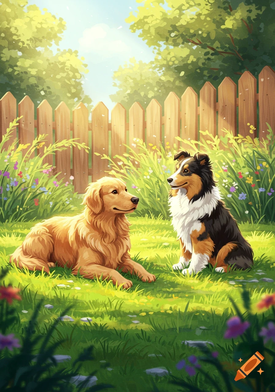 A golden retriever and an Australian Shepherd on green grass in a sunny garden with a wooden fence, in an illustrative style.