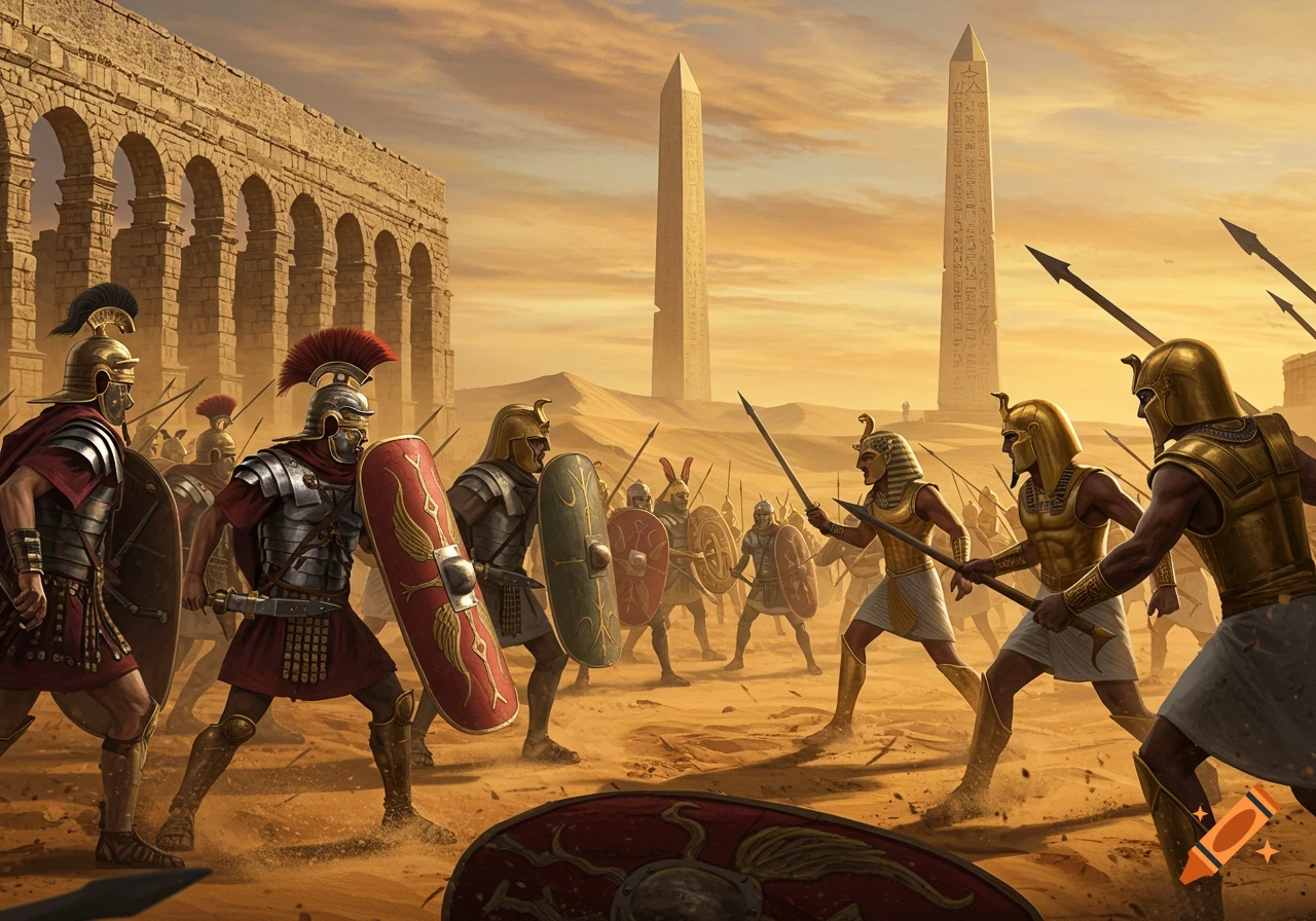 Roman and Egyptian soldiers battle in a desert with obelisks and ruins under an orange sky.