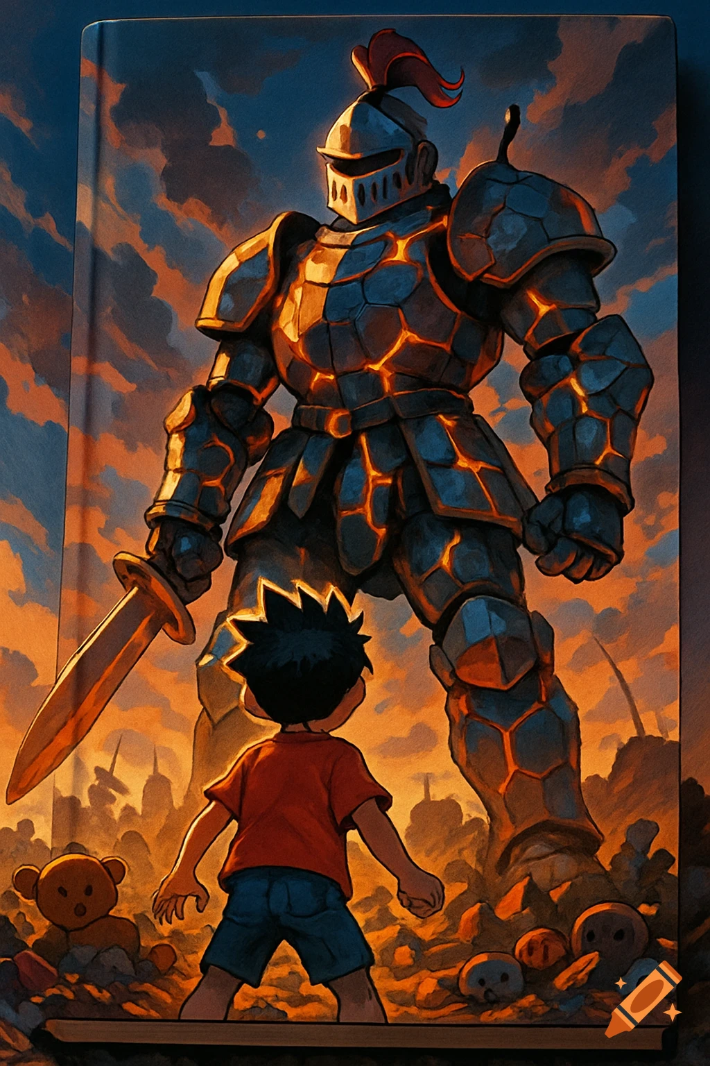 Anime-style book cover showing a small boy looking up at a giant glowing robot knight on a battlefield of broken toys.