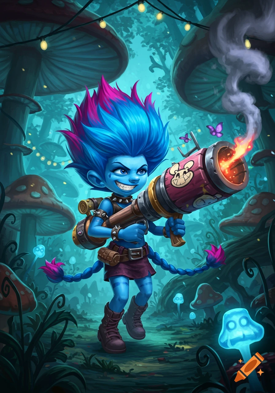 A grinning blue-skinned character with pink and blue hair holds a smoking cannon in a vibrant mushroom forest with string lights. Stylized illustration.