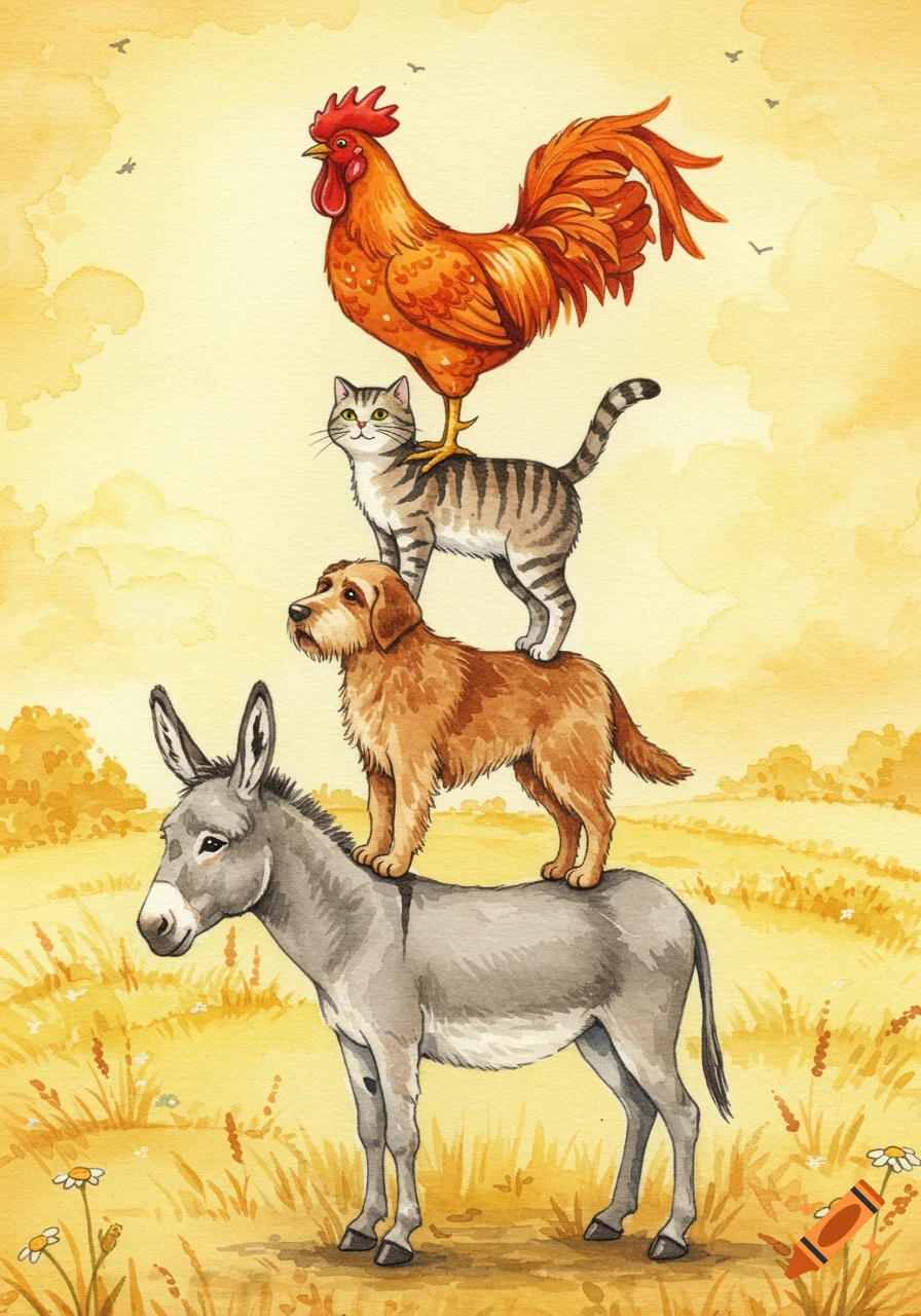 A whimsical watercolor illustration of a donkey, dog, cat, and rooster stacked on top of each other in a golden grassy field.