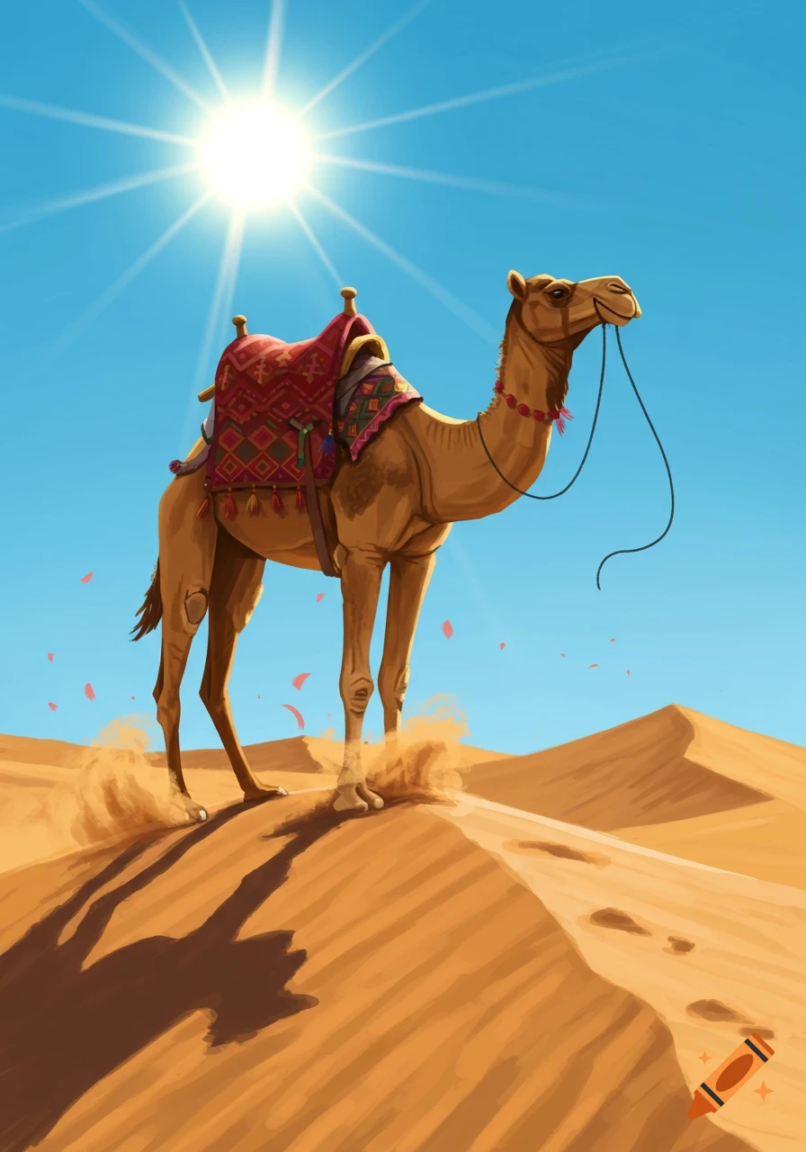 A saddled camel stands on a sandy desert dune under a bright, beaming sun in a vibrant illustration.