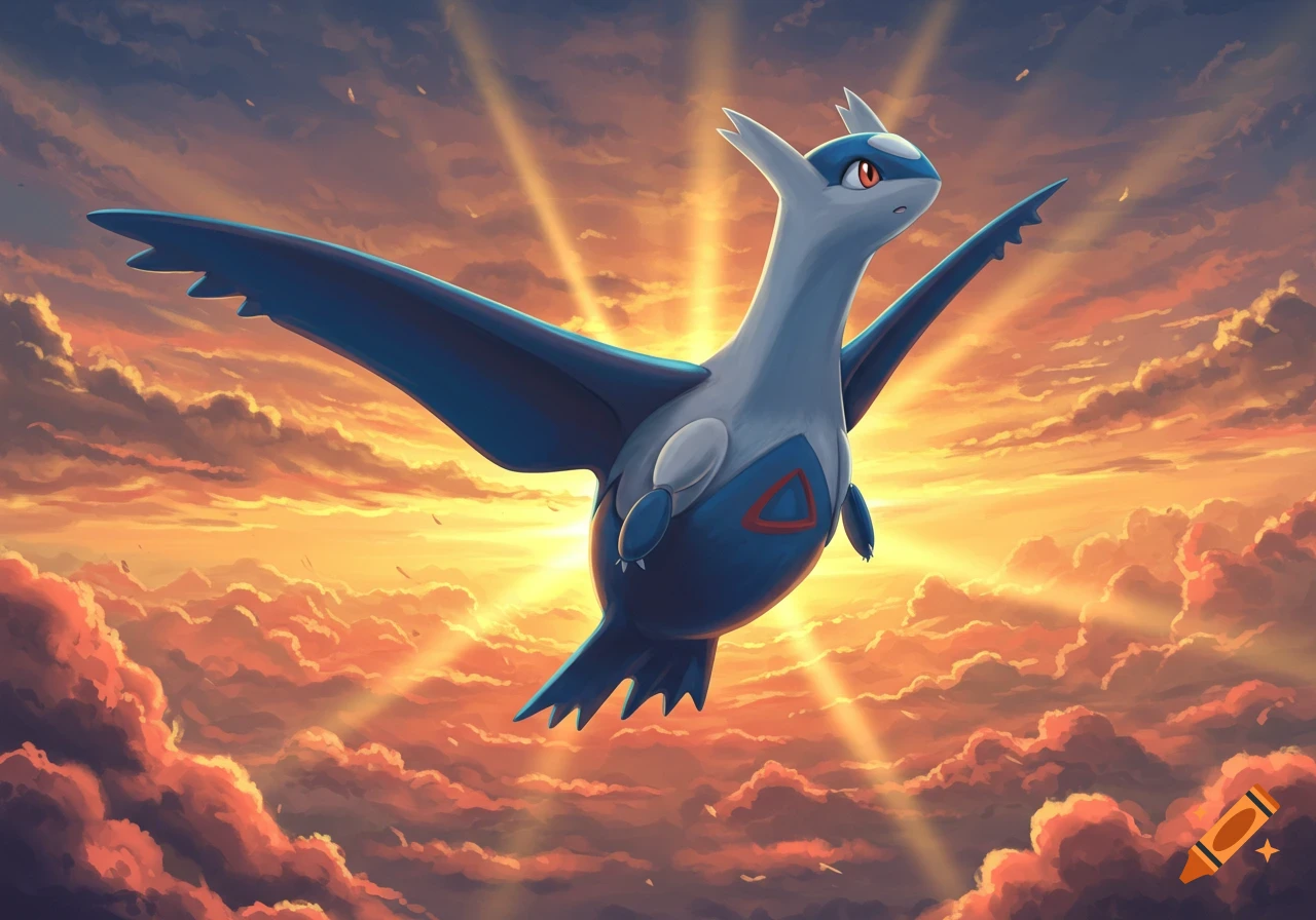 Latios, a blue and white dragon-like Pokémon, soars through an orange and purple sunset sky with sun rays shining through clouds.