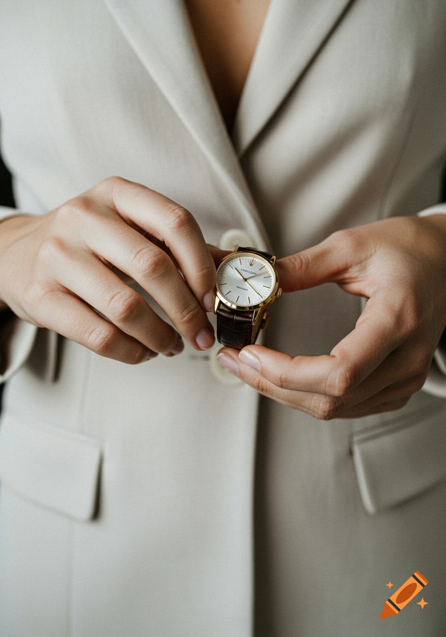 Close-up of hands adjusting a gold watch with a brown leather strap against a light suit.