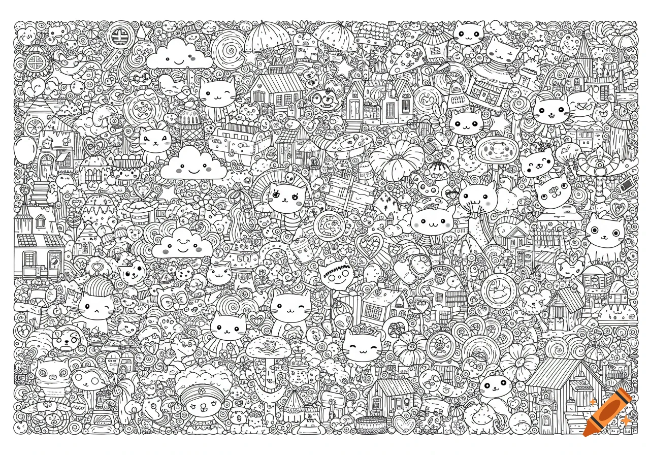 Dense black and white doodle of cute cats, houses, and sweet treats in a whimsical, intricate style.