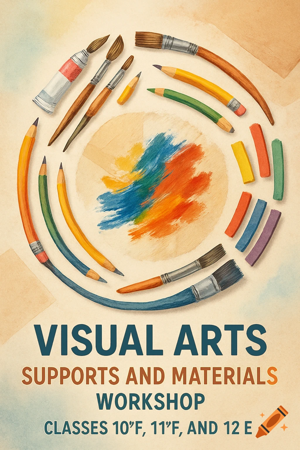 A watercolor illustration of art supplies including paintbrushes, pencils, and pastels arranged around a central paint swatch, with text for a 'Visual Arts Workshop' poster.