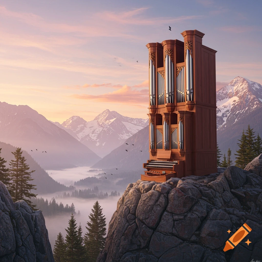 A grand pipe organ stands atop a rocky mountain peak overlooking a misty valley and snow-capped mountains at sunset. Photorealistic, surreal.