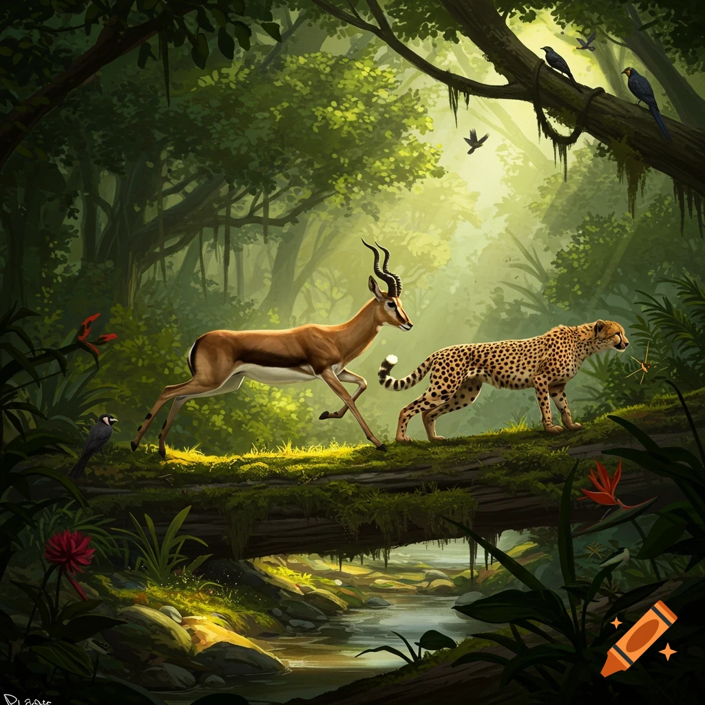 A gazelle runs across a mossy log over a stream, followed by a cheetah, in a lush, sunlit jungle illustration.