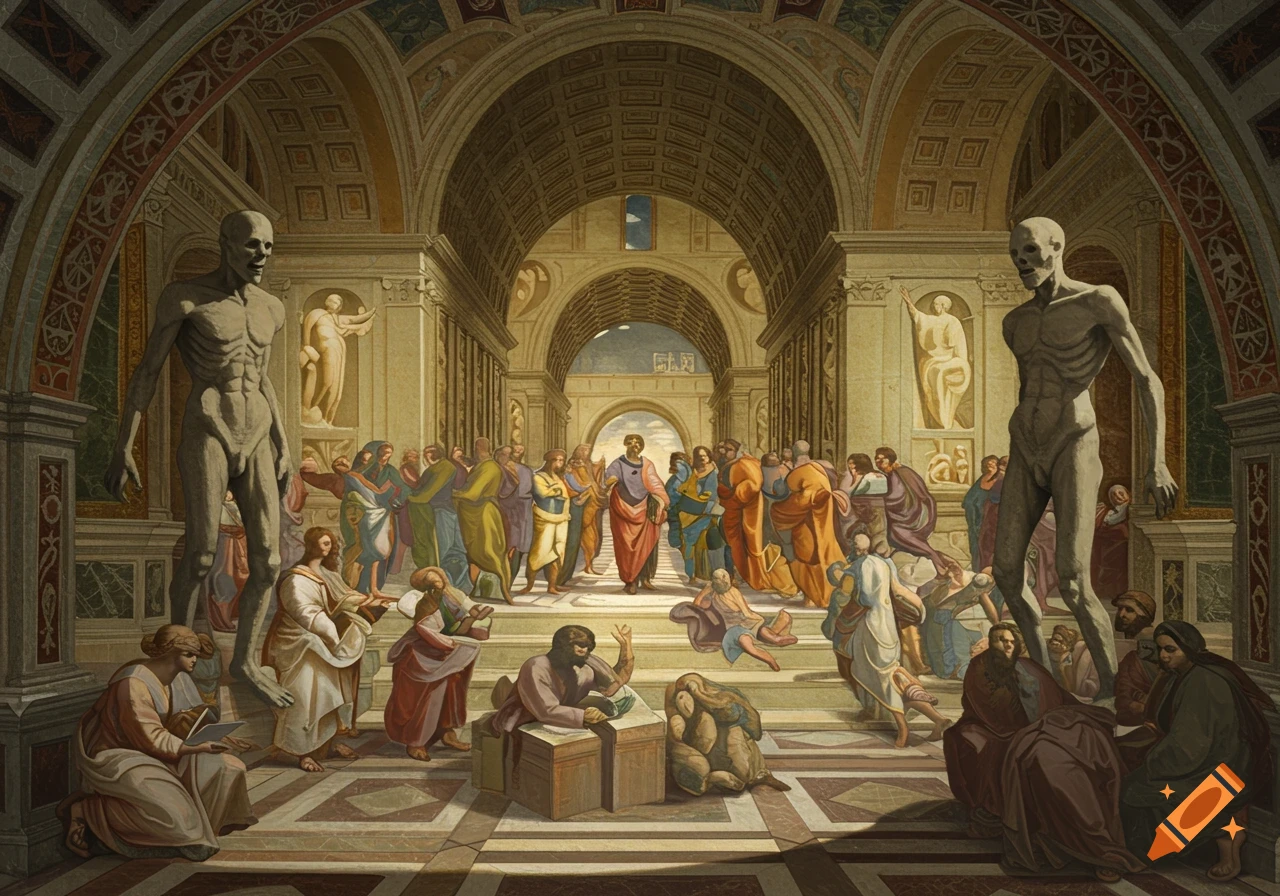 A grand classical hall, reminiscent of the School of Athens, featuring numerous figures. Two large, emaciated, skeletal statues stand prominently in the foreground, while many other figures in the background also appear gaunt.