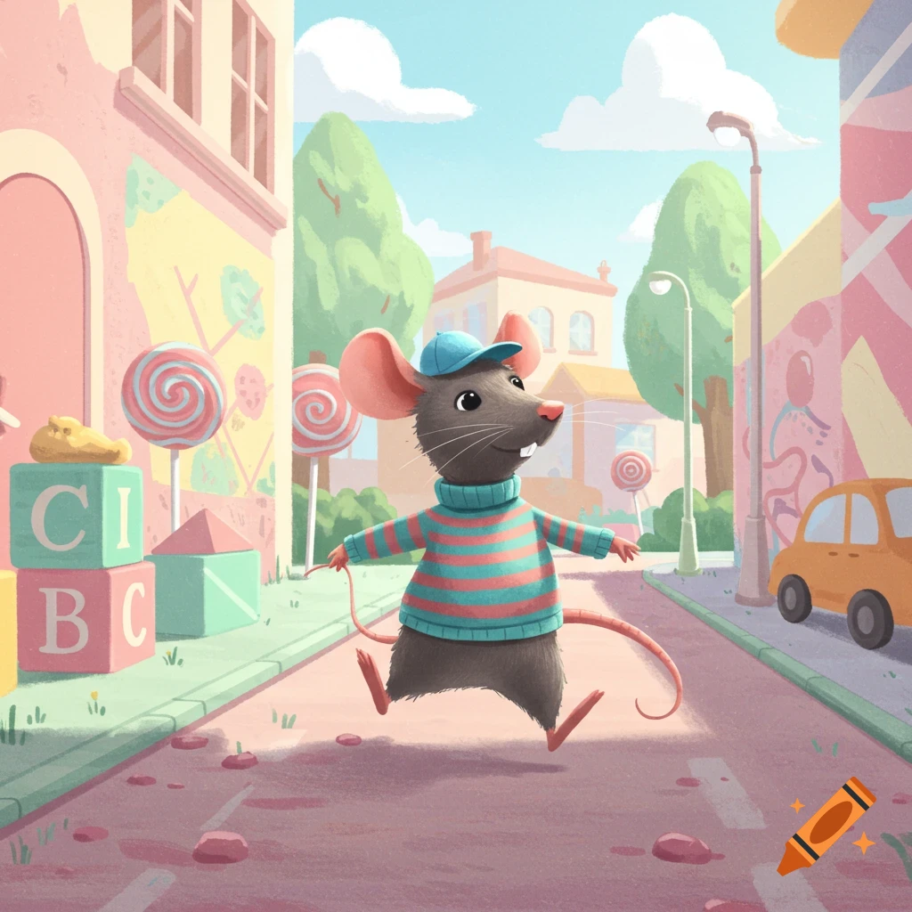 A cheerful cartoon rat in a blue cap and striped sweater skips down a pastel street with lollipops and building blocks.
