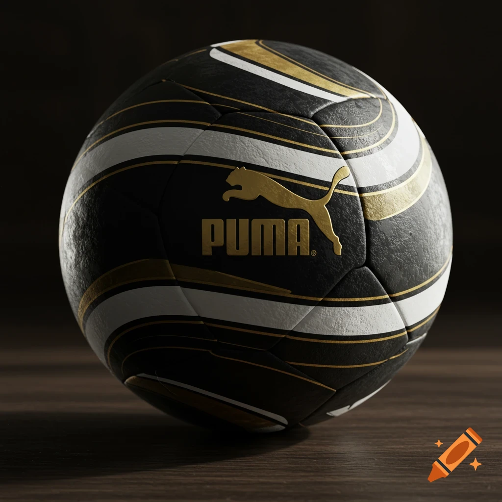 A black Puma soccer ball with white and gold stripes rests on a dark wooden surface, rendered in a photorealistic style.