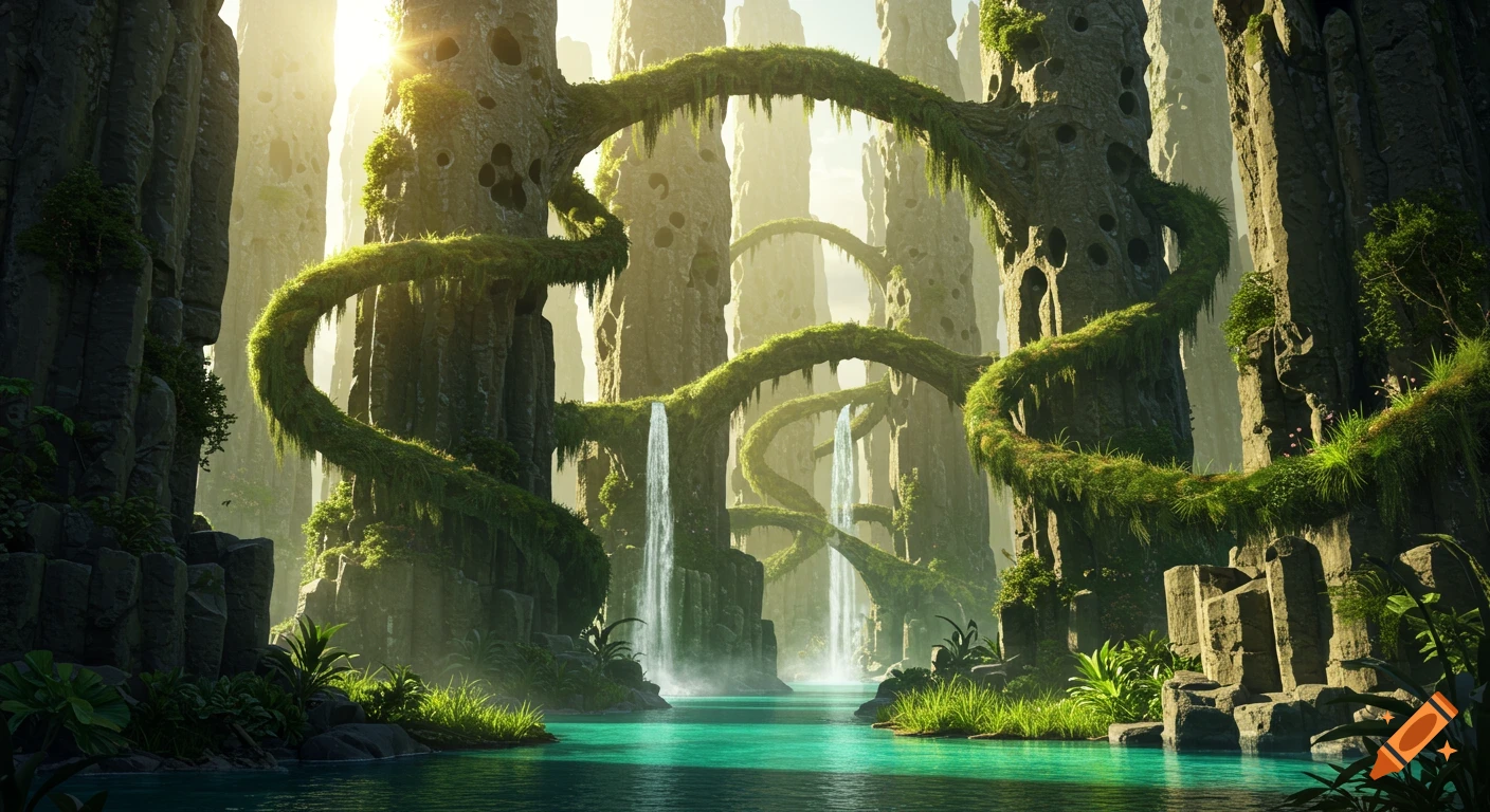 A vibrant fantasy landscape with towering, moss-covered basalt columns, winding tentacle bridges, waterfalls, and turquoise pools.