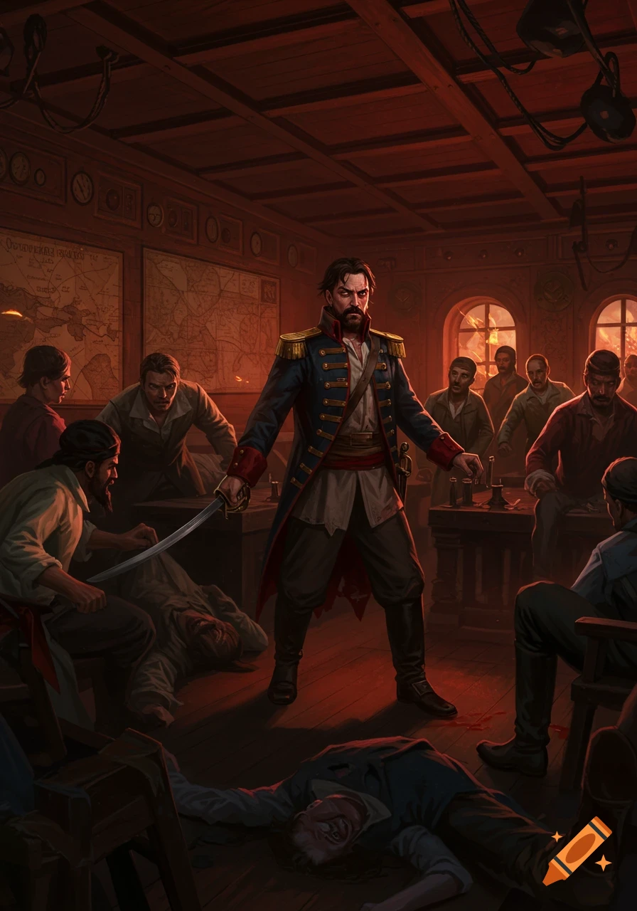 A stern man in a blue military coat wields a sword in a dimly lit, wood-paneled room, standing over fallen figures amidst a tense gathering of other men. Maps adorn the walls, and a warm glow emanates from windows.