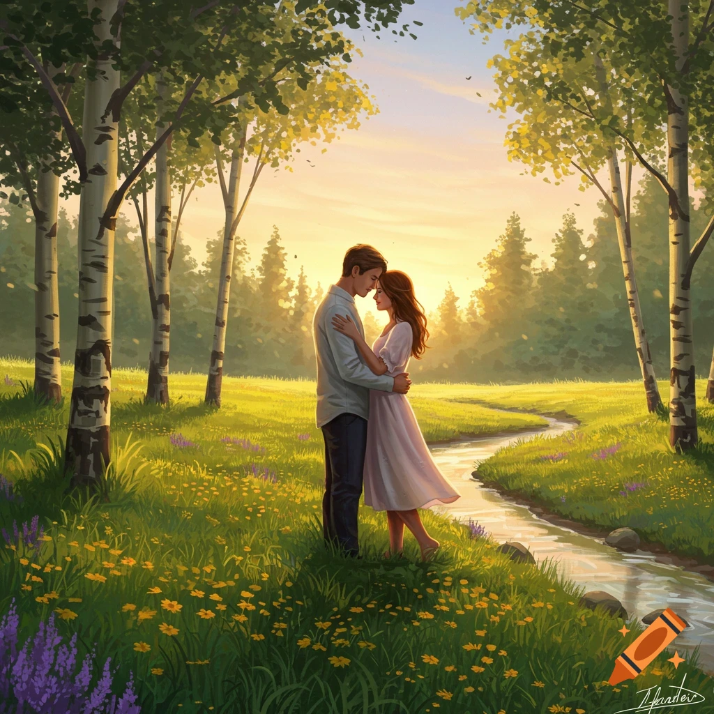 A couple embraces in a sunlit meadow with birch trees and a winding stream, rendered in a serene illustration style.