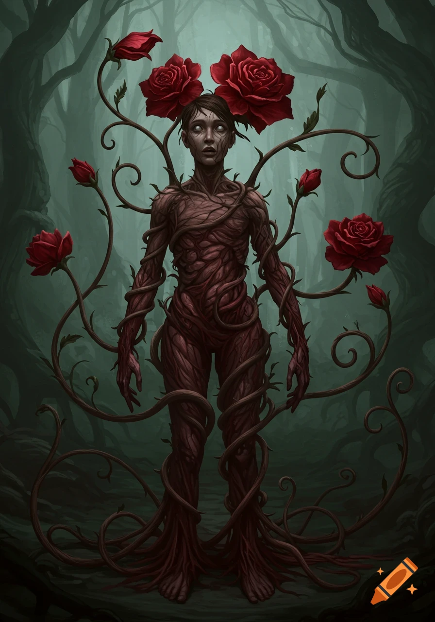 A grotesque figure made of dark, fleshy vines and red roses stands in an eerie forest, horror fantasy illustration.