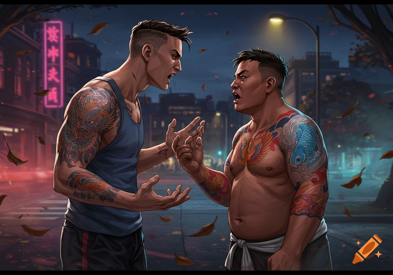 Two heavily tattooed men arguing animatedly on a dimly lit city street at night in a detailed illustration.