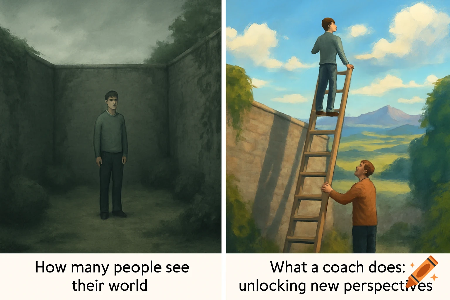 Illustration of a split image: left shows a person in a dull, walled enclosure; right shows a person on a ladder with a coach, overlooking a vibrant landscape.