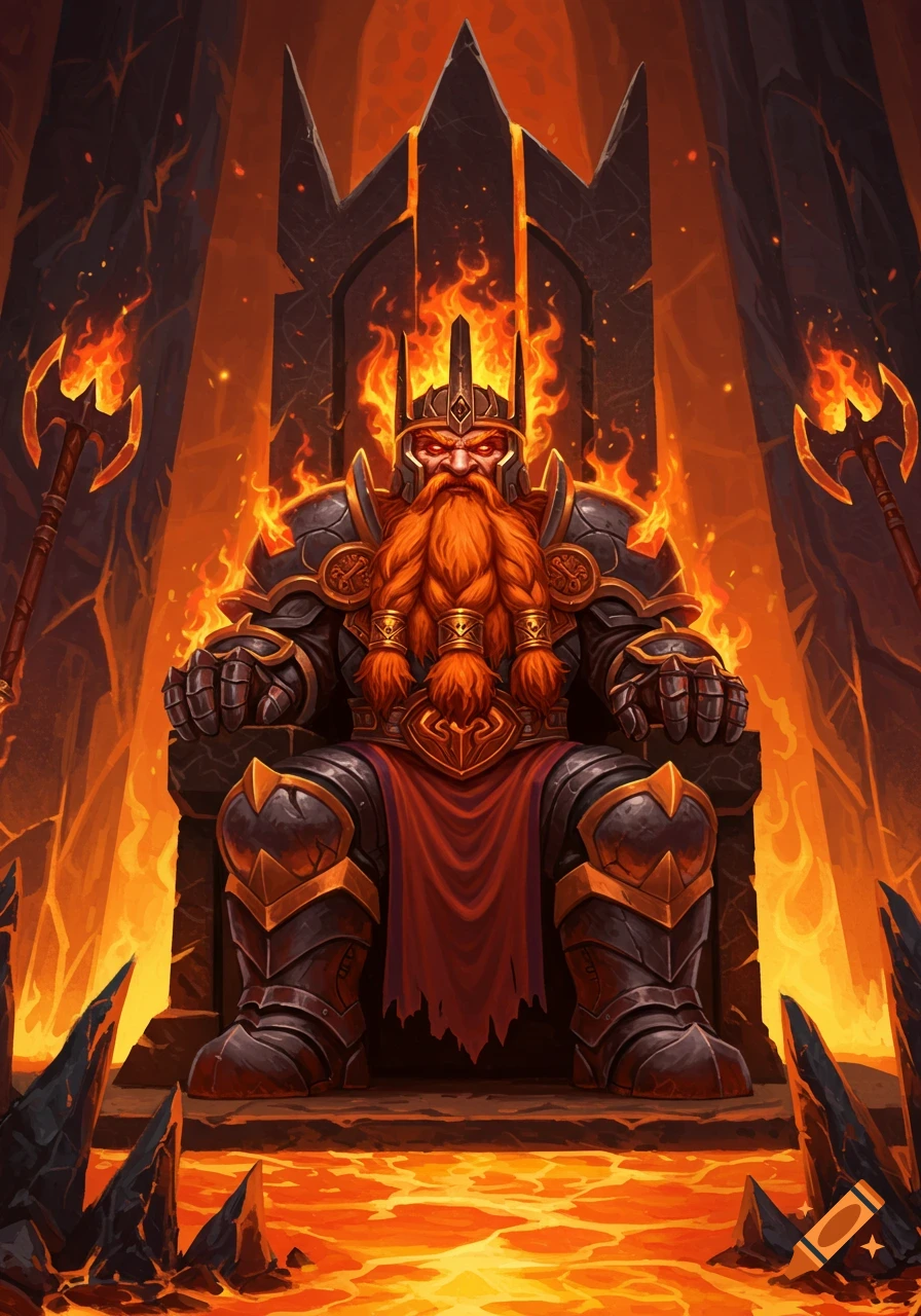 A fierce dwarf king in dark armor with a red beard and glowing eyes sits on a fiery throne above lava, digital art.