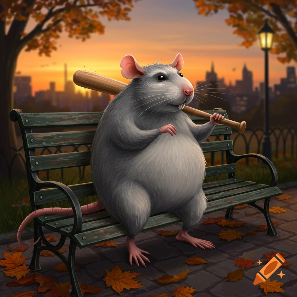 A fat cartoon rat sits on a park bench holding a baseball bat at sunset, with autumn leaves and a city skyline.