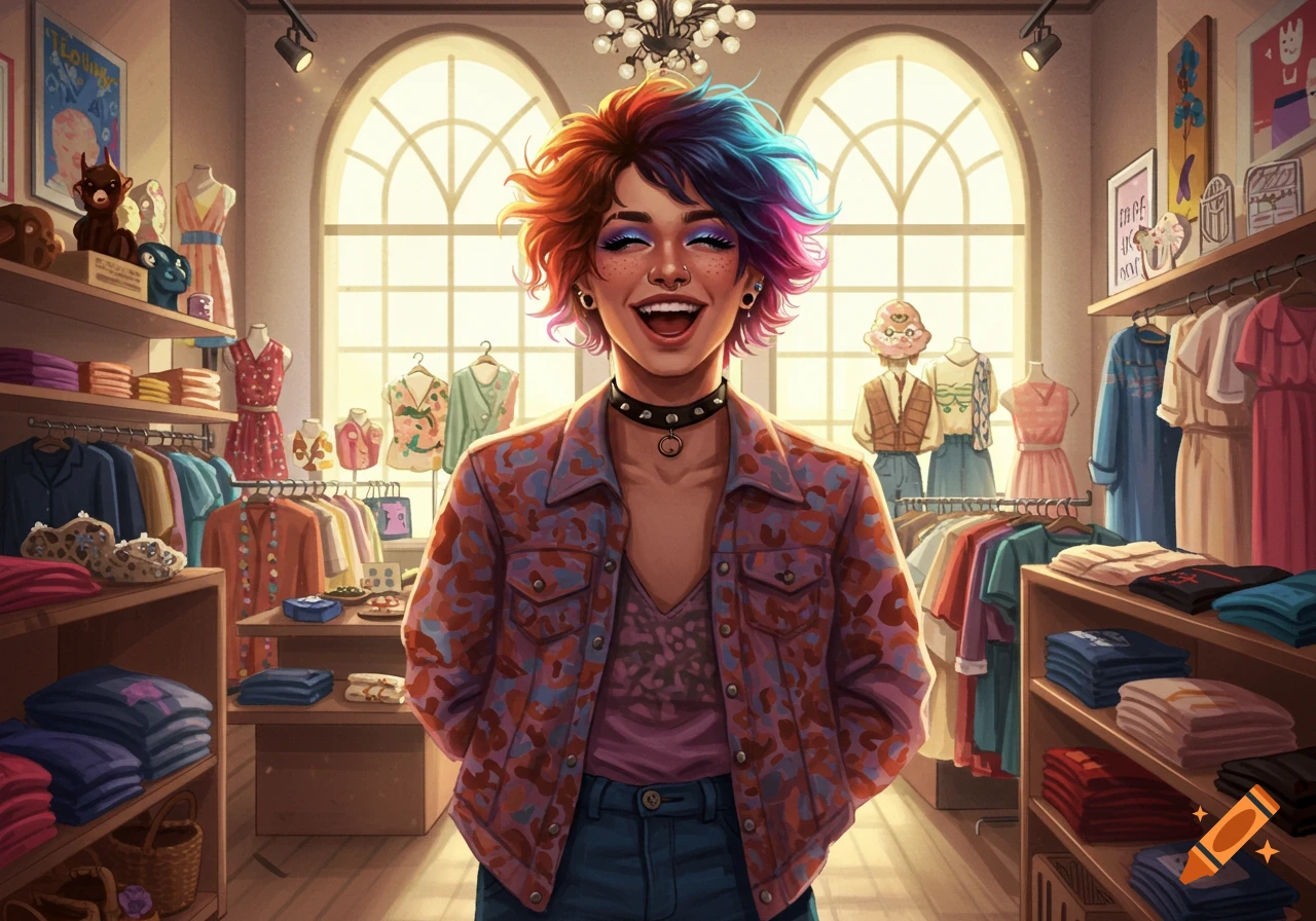 A smiling person with colorful short hair and a studded choker stands in a brightly lit clothing store.
