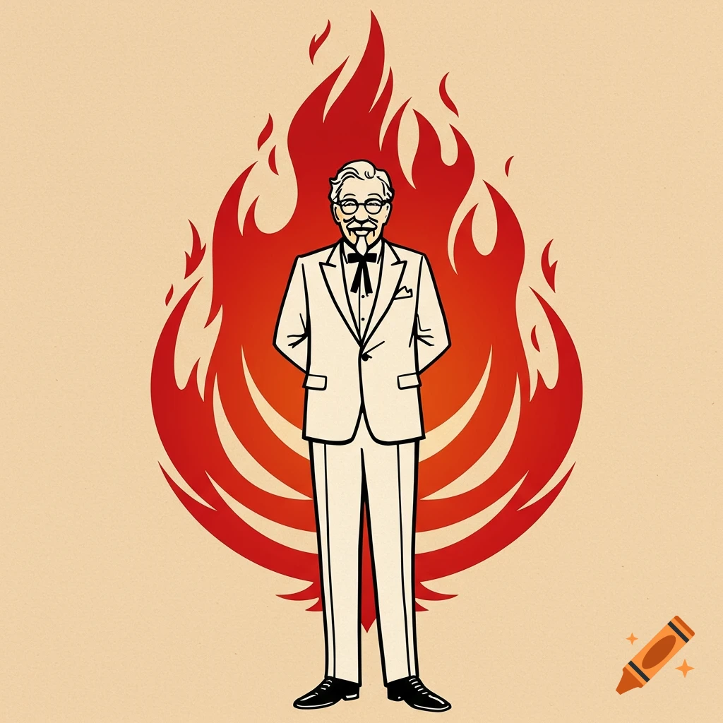 Stylized 2D illustration of Colonel Sanders standing confidently in front of a large red flame emblem.