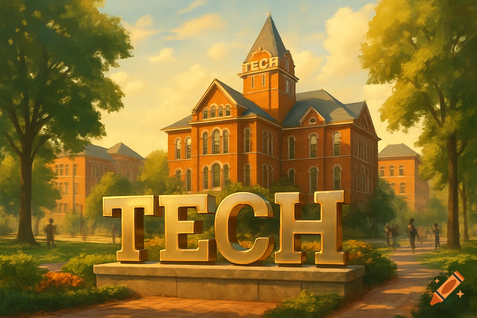 A stylized painting of a university campus with an old brick building and trees, with large golden letters spelling "TECH" on a pedestal in the foreground.
