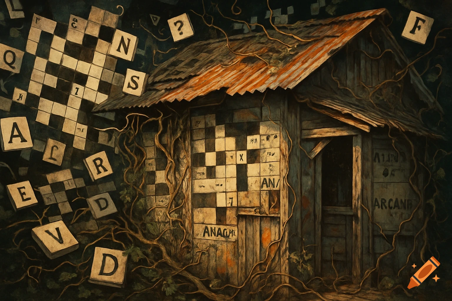 An abstract, dark painting of a dilapidated wooden shed with a corrugated iron roof, covered in vines, surrounded by floating crossword grids and letter tiles.