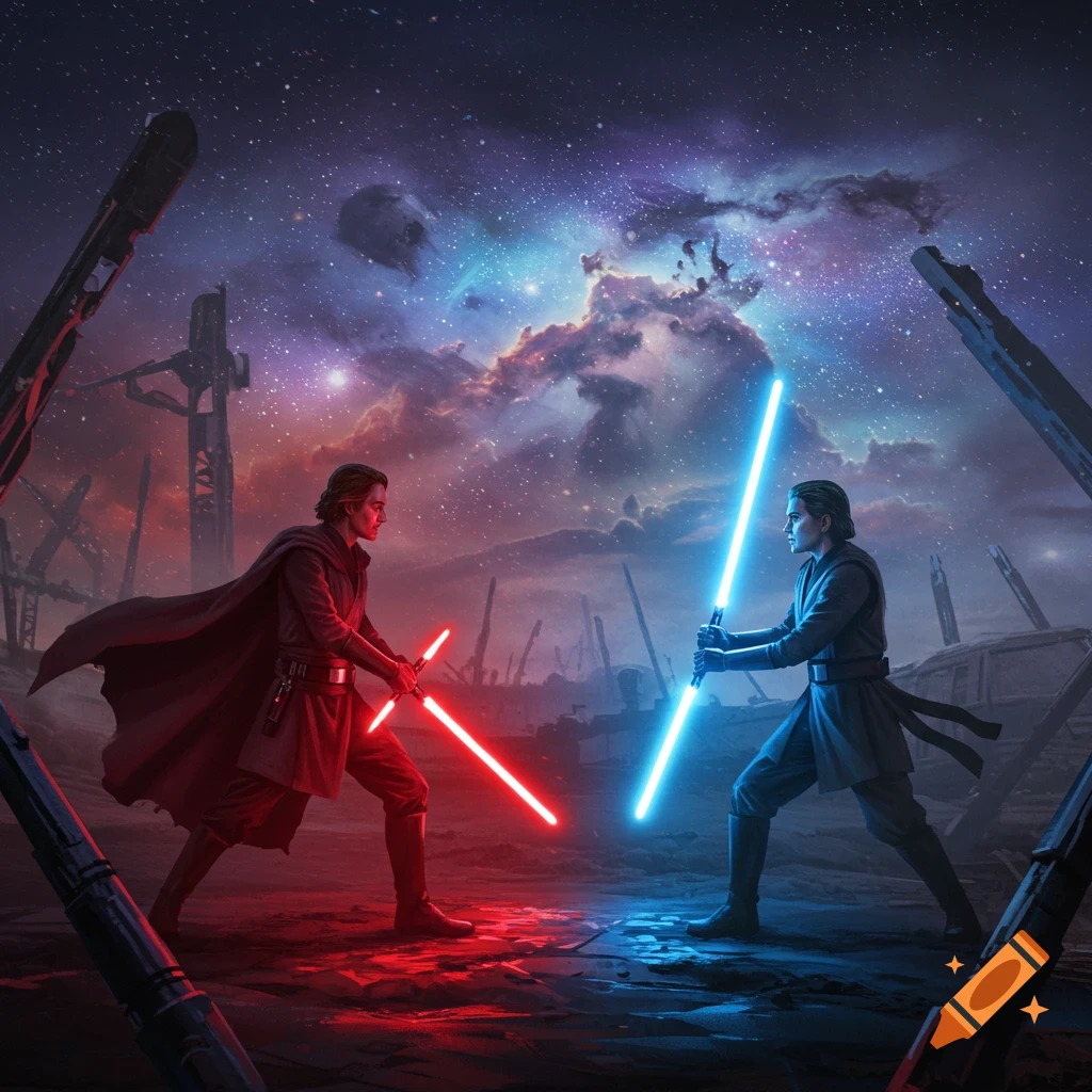 Two cloaked figures duel with red and blue lightsabers on a desolate planet under a starry night sky, photorealistic.