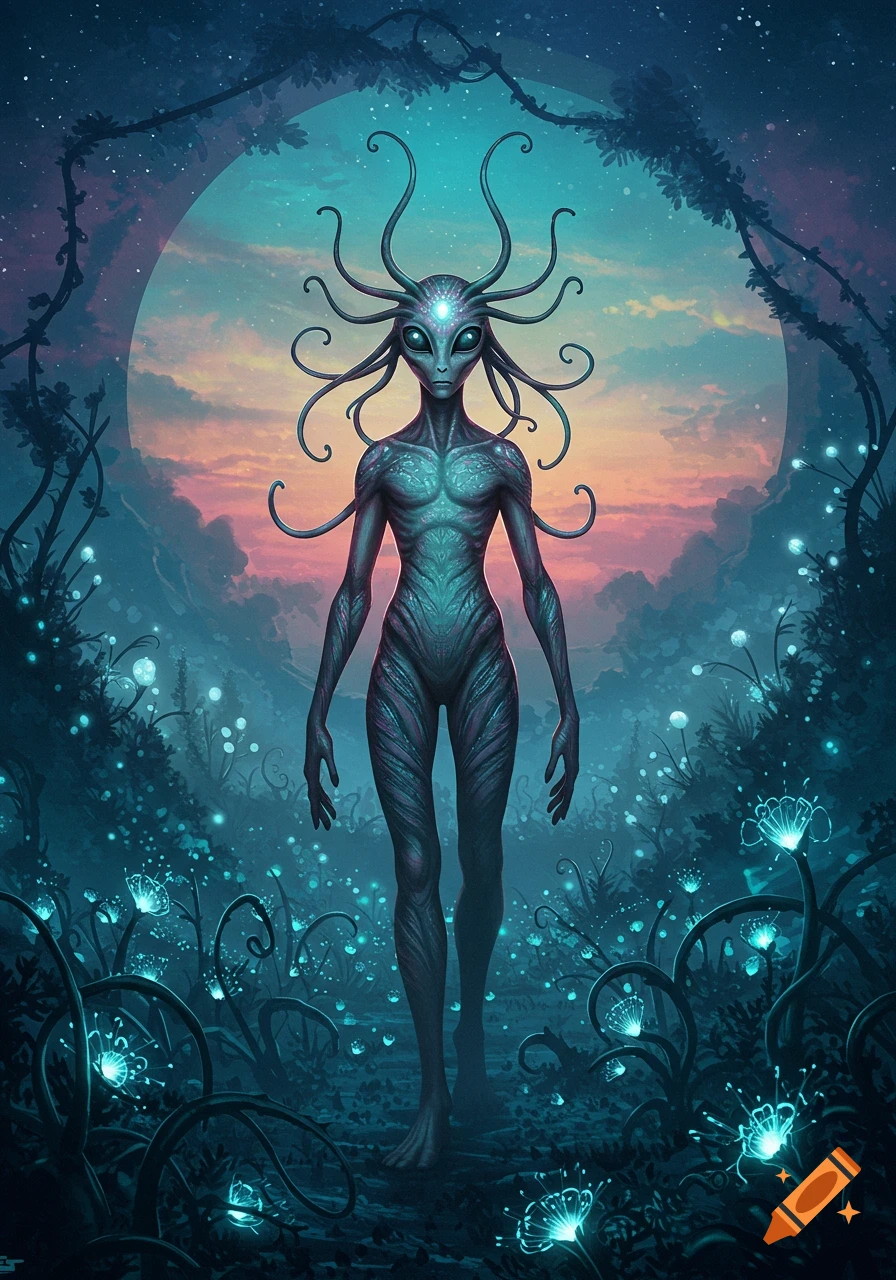 A detailed teal alien with head tentacles stands in a glowing fantasy forest, large moon and colorful sky at dusk, digital art.