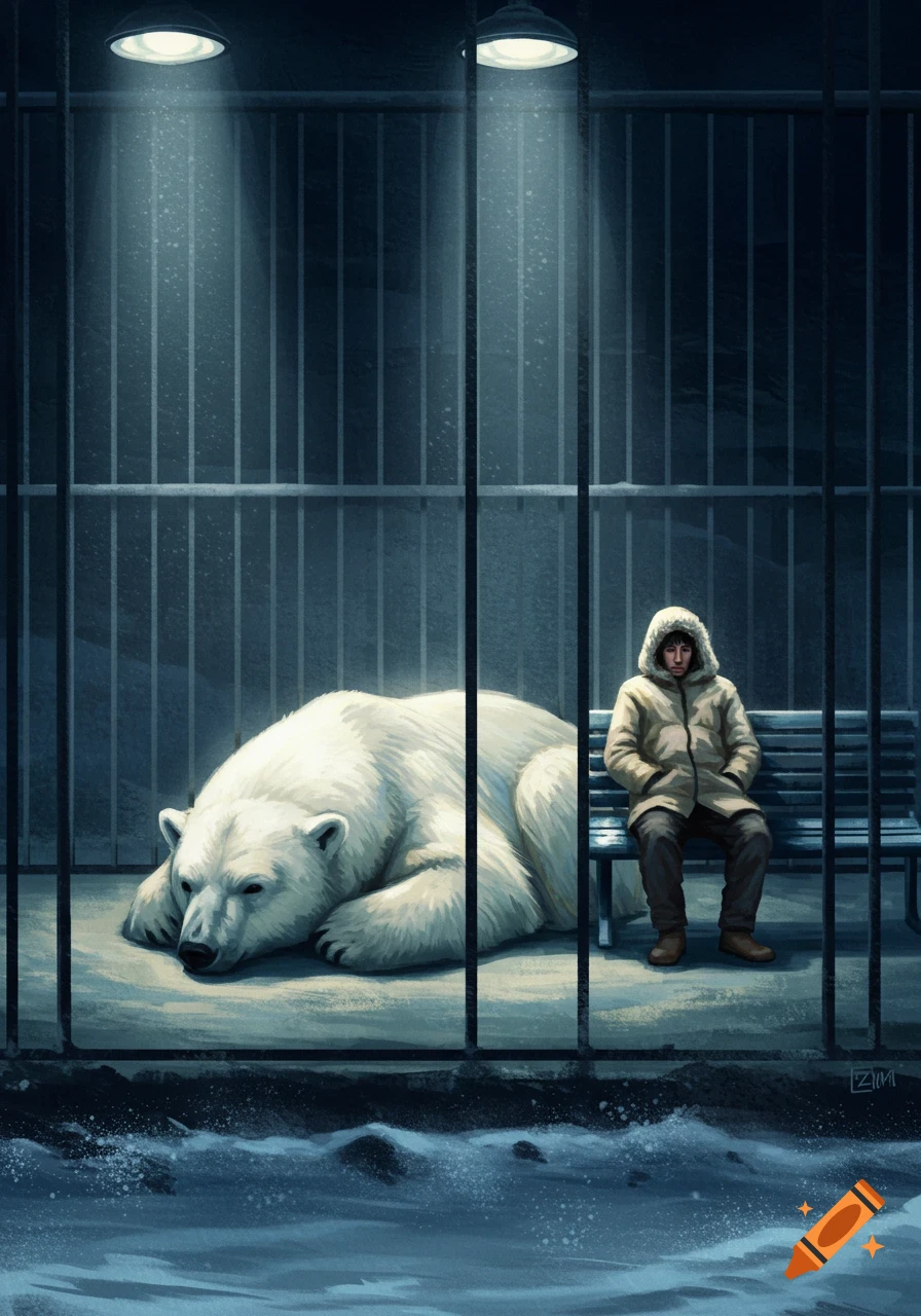 Digital painting of a man in a parka sitting on a bench next to a sleeping polar bear inside a dark, icy cage under spotlights.