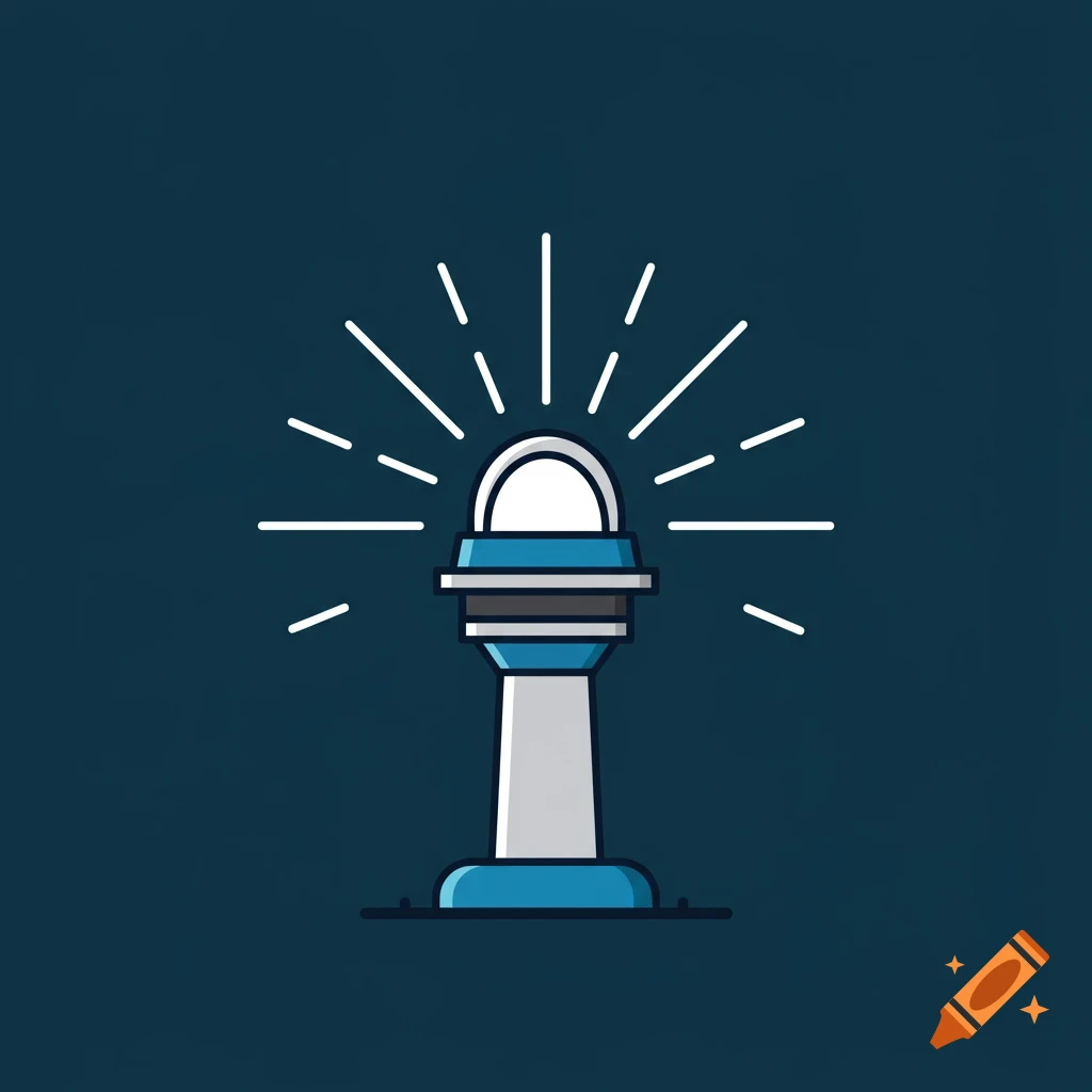 A flat design illustration of a beacon or lighthouse emitting light on a dark blue background.