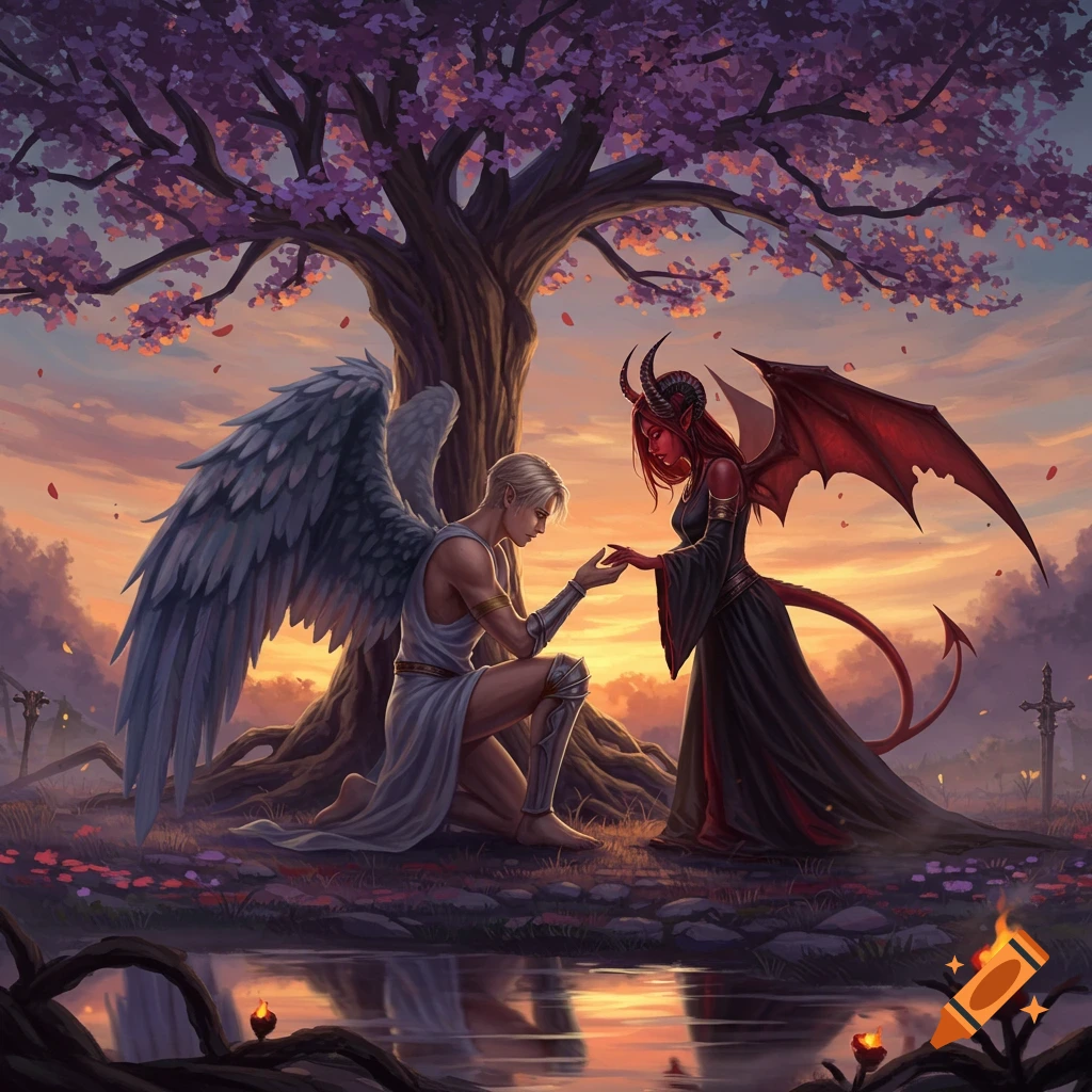 A fallen angel kneels before a demon princess under a purple-leafed tree by a pond at sunset, holding her hand.