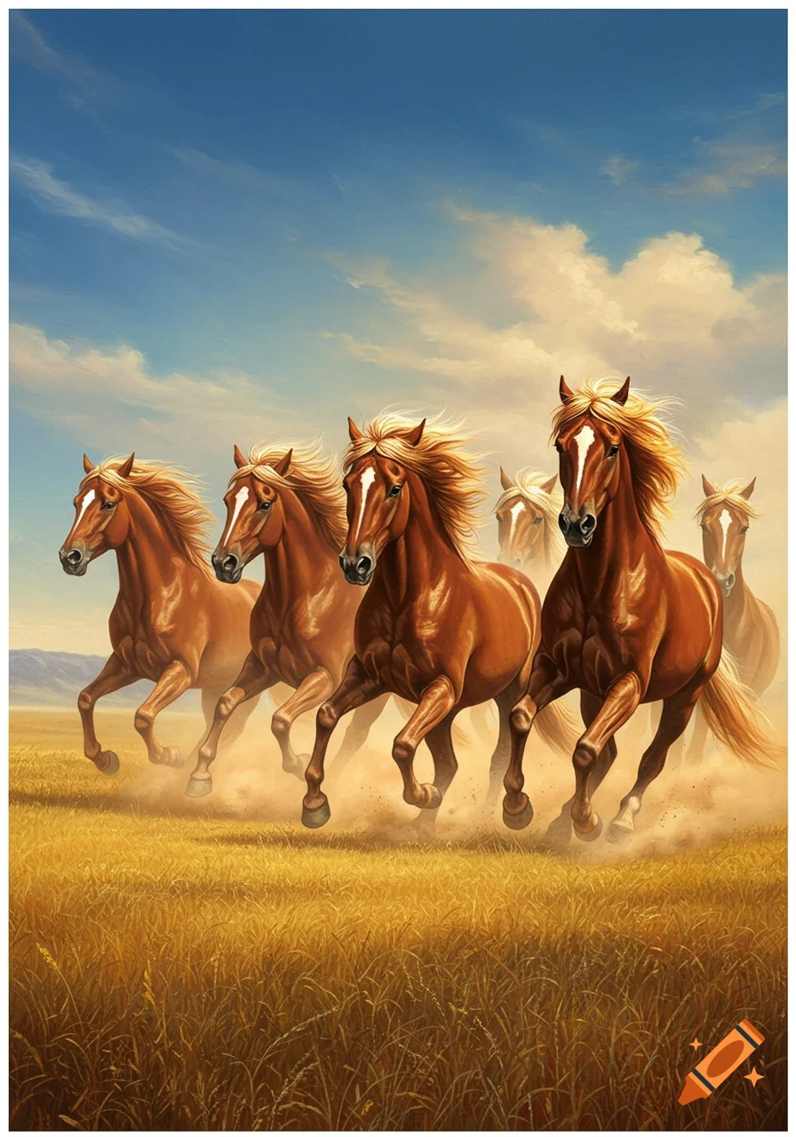 Brown horses with blonde manes gallop through a golden field under a blue sky with scattered clouds, kicking up dust.