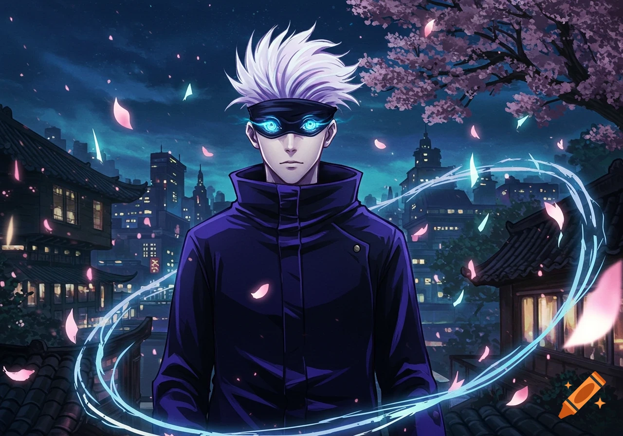 Satoru Gojo with white hair and glowing blue eyes, wearing a dark jacket, stands in a nighttime city in anime style.