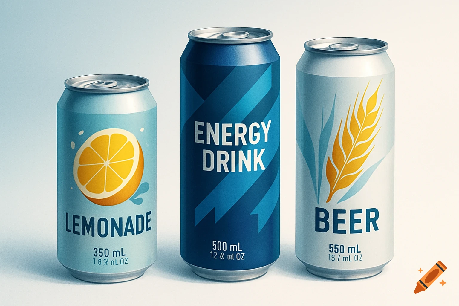 Three beverage cans: a light blue lemonade can, a dark blue energy drink can, and a white beer can, arranged on a light background.