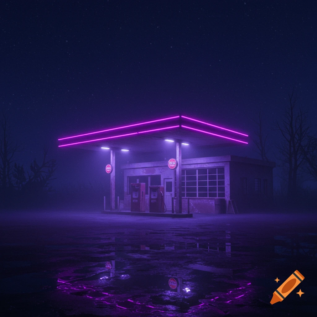 A gas station at night with bright purple neon lights reflecting on wet ground under a starry sky.