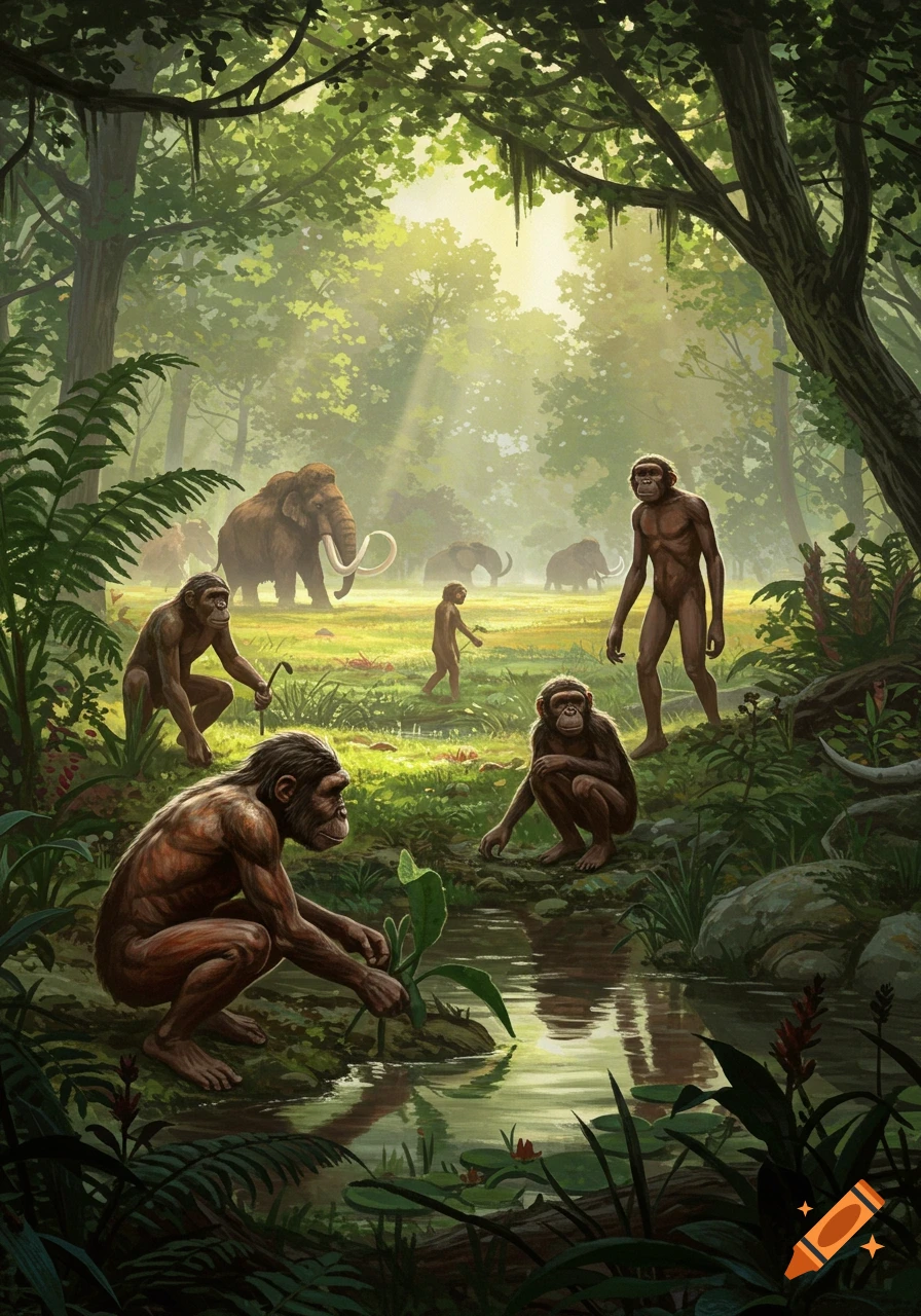 Illustration of early hominids foraging by a stream in a lush, sunlit prehistoric forest with mammoths in the background.
