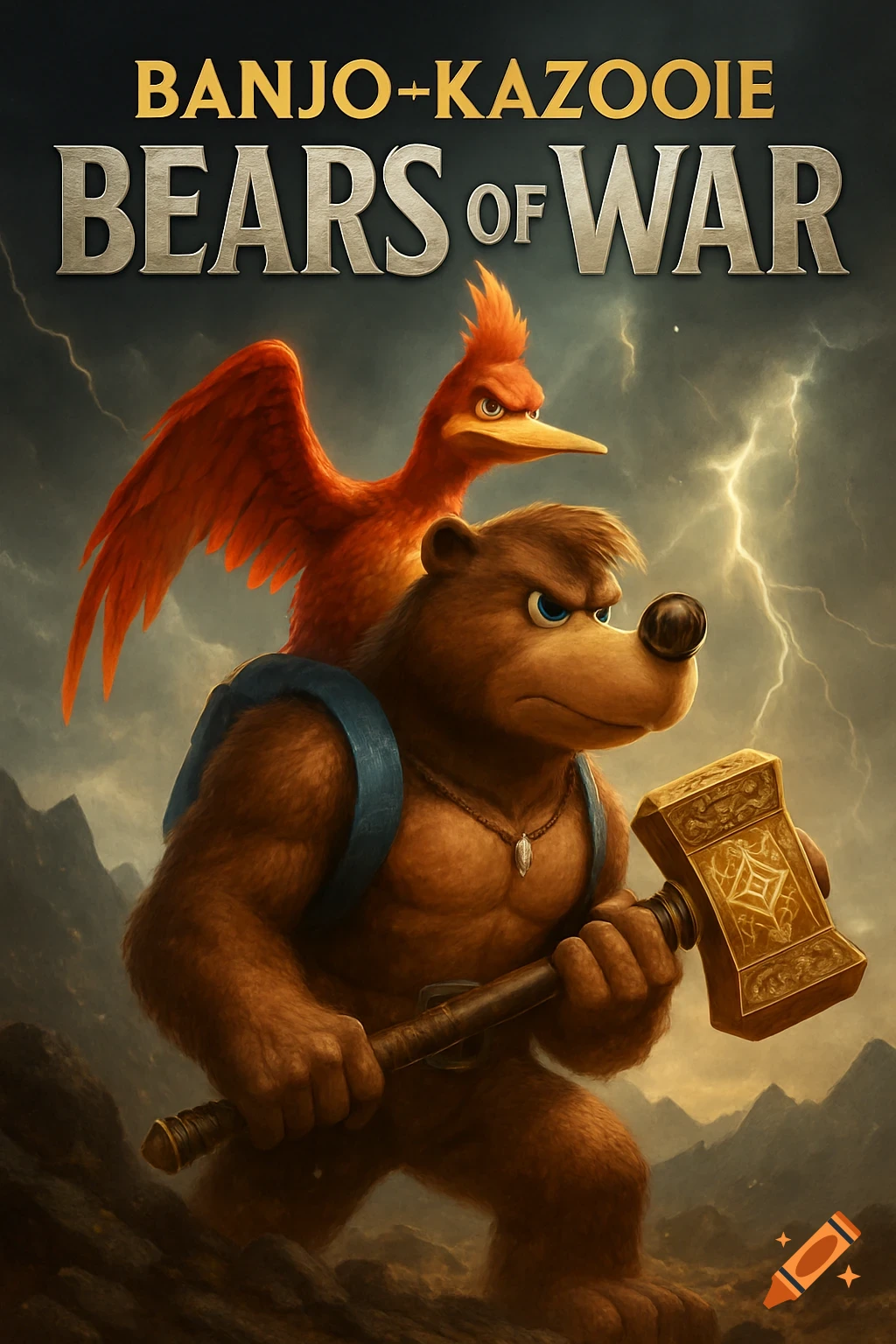 A dramatic video game cover featuring a muscular brown bear, Banjo, holding a large golden hammer, with a red bird, Kazooie, perched on his backpack. They stand against a stormy, mountainous background with lightning. The title "BANJO+KAZOOIE BEARS of WAR" is at the top.