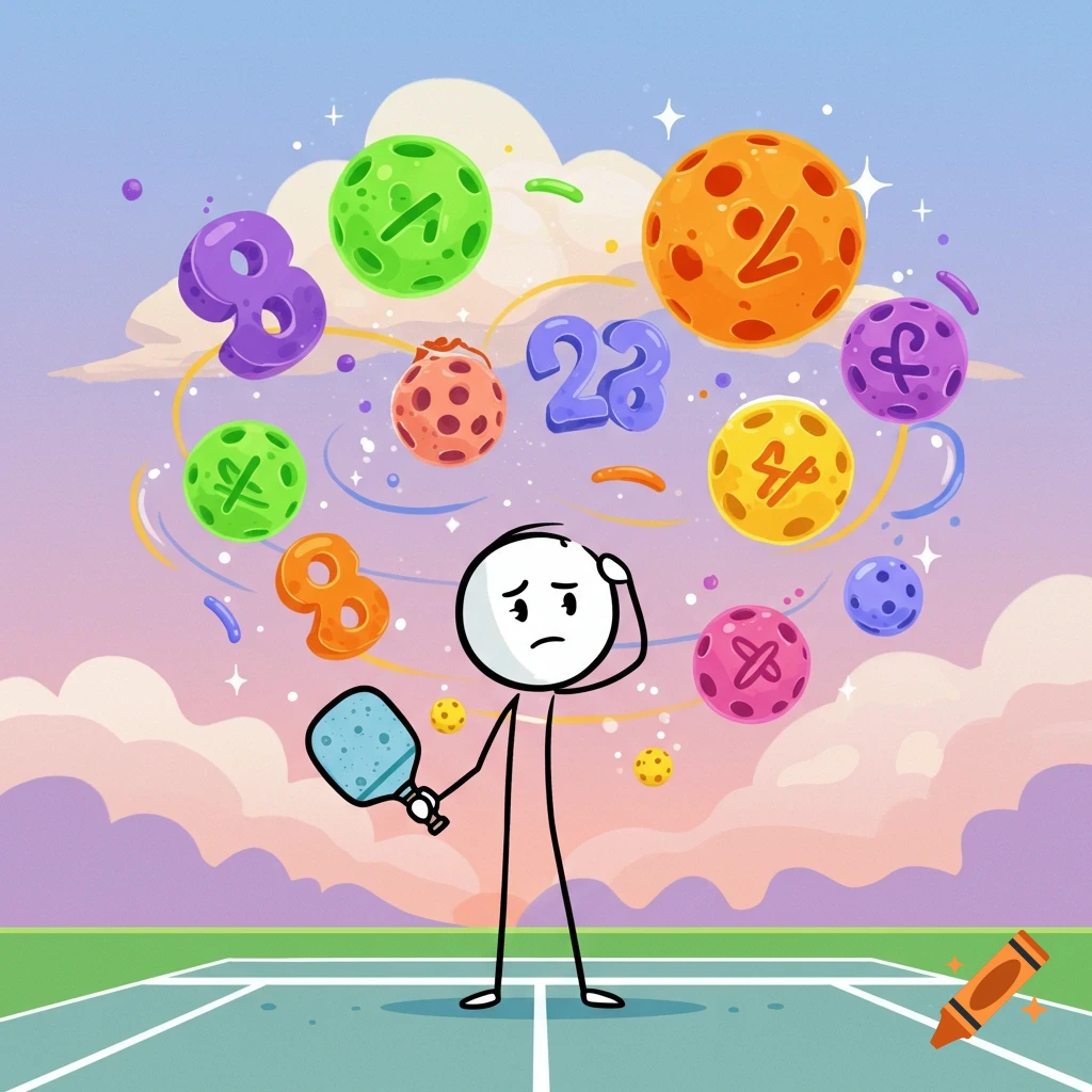 A cartoon stick figure stands on a pickleball court, looking puzzled as colorful pickleballs, numbers, and symbols float around its head.