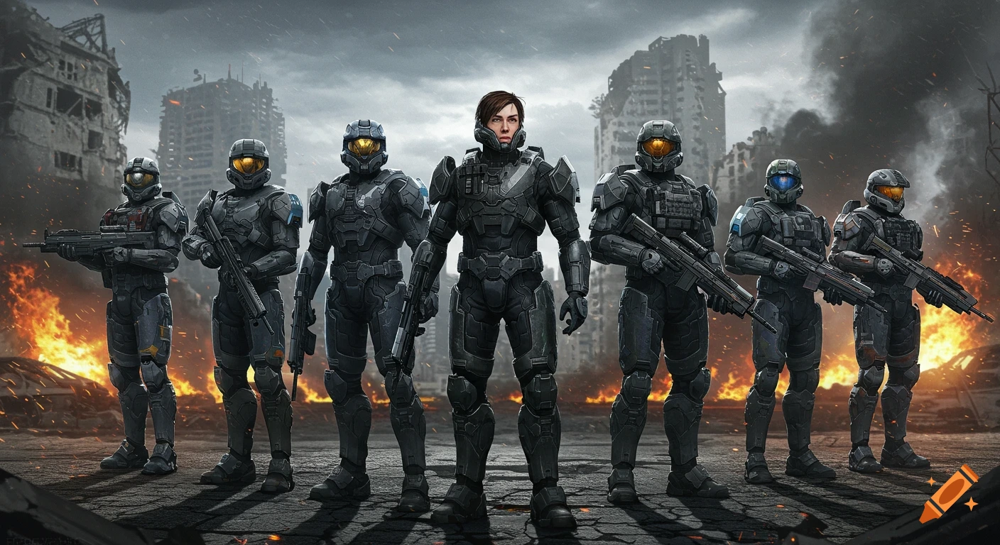 Six armored futuristic soldiers stand side-by-side in a ruined, burning city, holding rifles under a stormy sky.