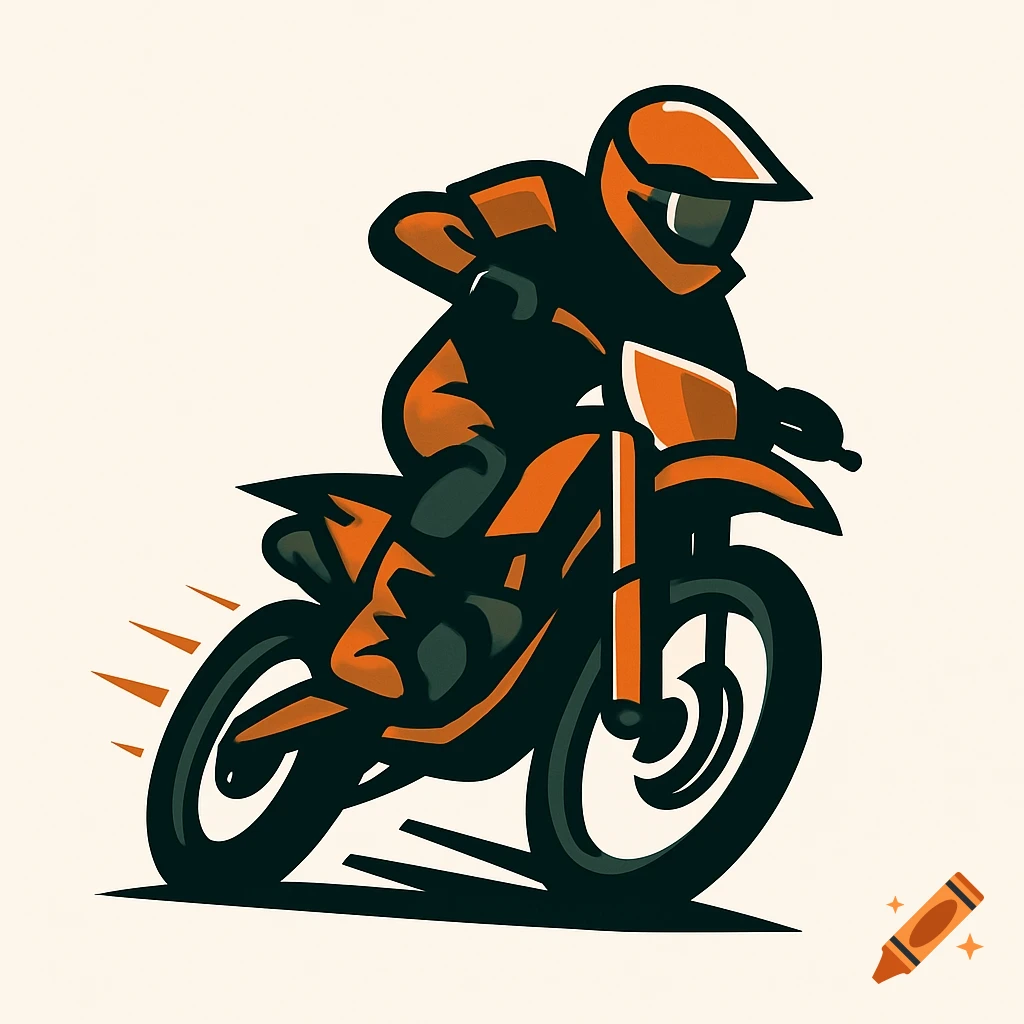 Stylized orange and black illustration of an enduro motorcycle rider.