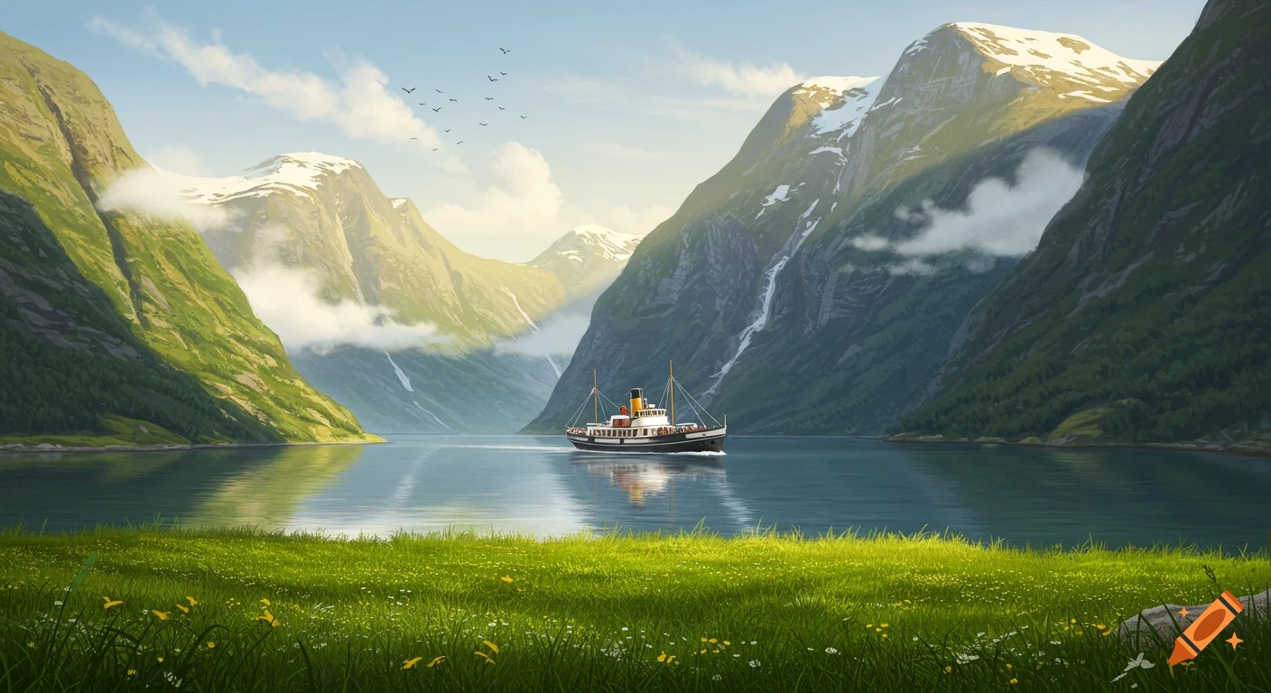 A fjord steamer boat navigates a serene Norwegian fjord surrounded by lush green mountains, some with snow caps, under a clear sky.