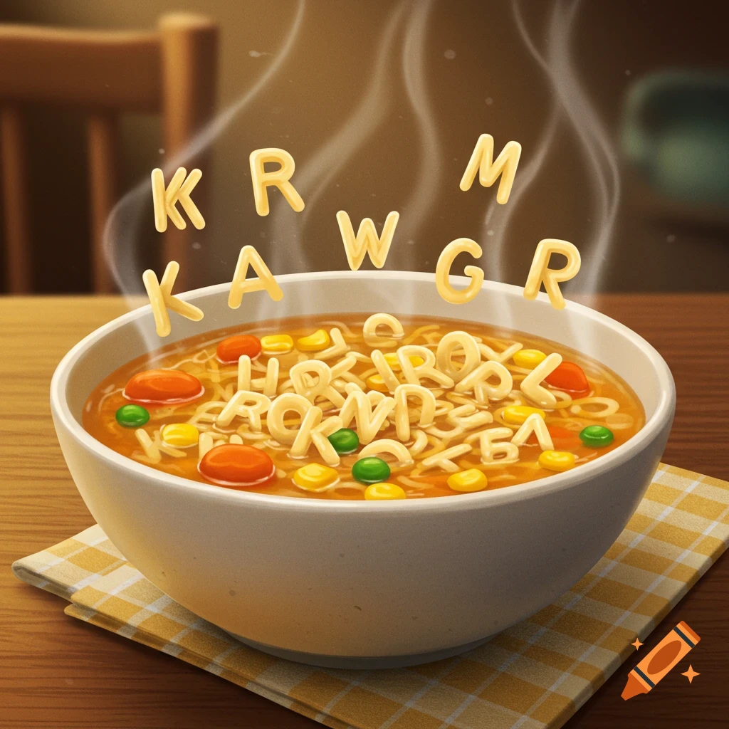 A bowl of steaming alphabet soup with letter noodles, carrots, corn, and peas on a wooden table.