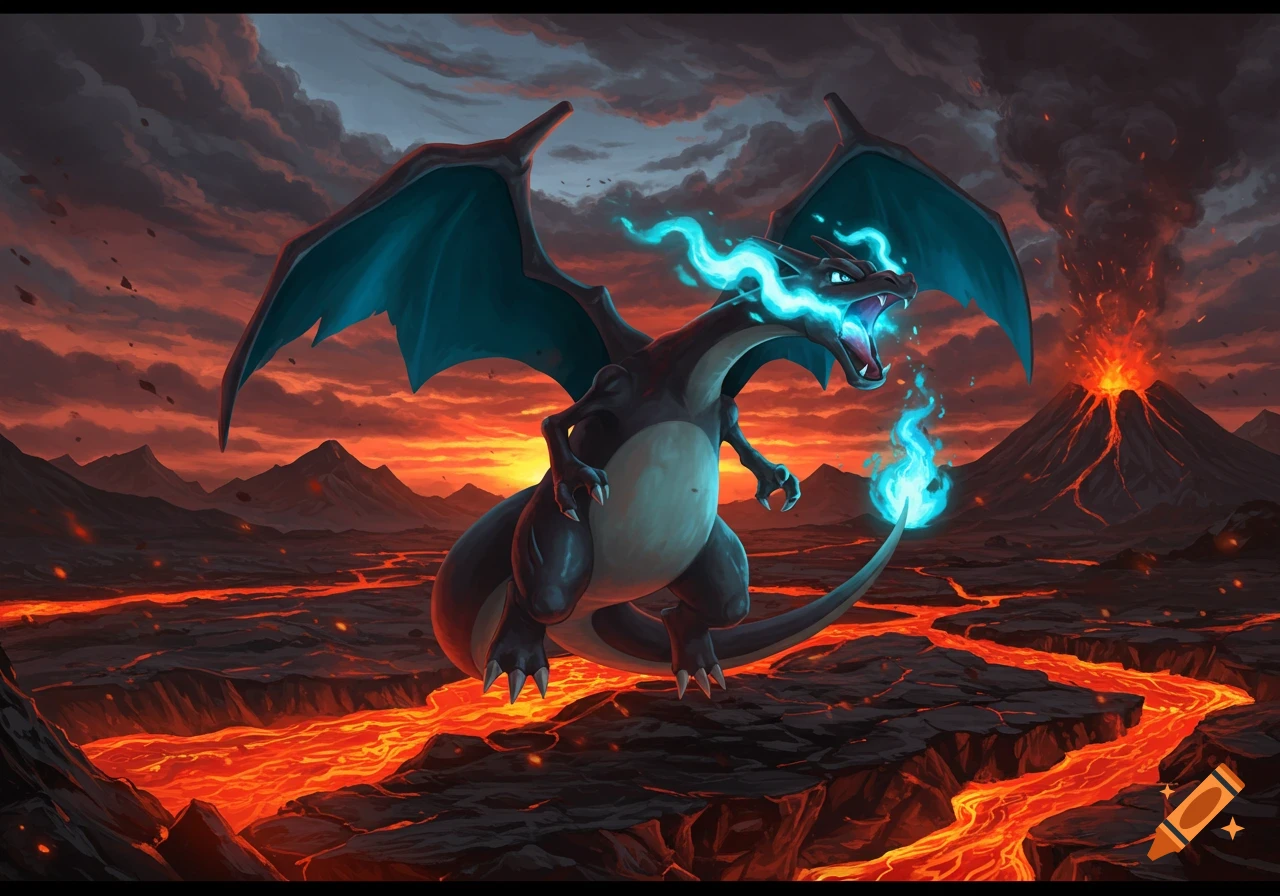 Mega Charizard X with blue flames flies over a fiery volcanic landscape with erupting volcano under a dark, red sky.