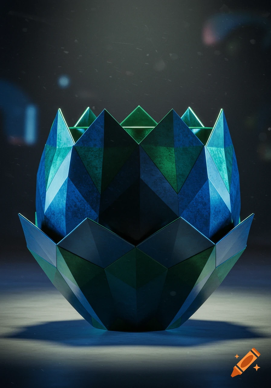 A cubist lotus-shaped pot with blue and green facets sits in a dark, moody setting, with glowing edges.