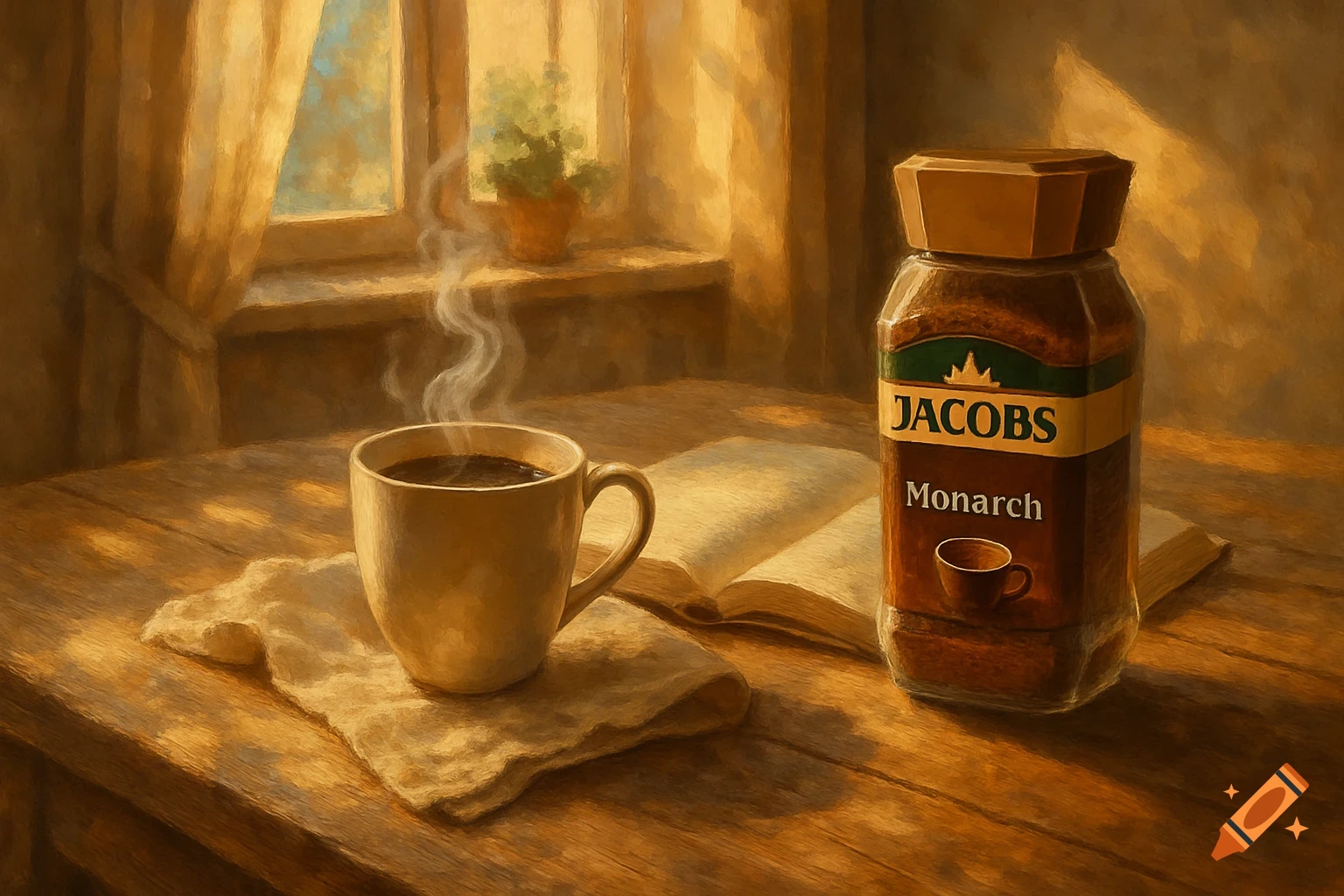 A warm, painterly still life of a steaming coffee cup next to an open book and a Jacobs Monarch coffee jar on a wooden table by a window.