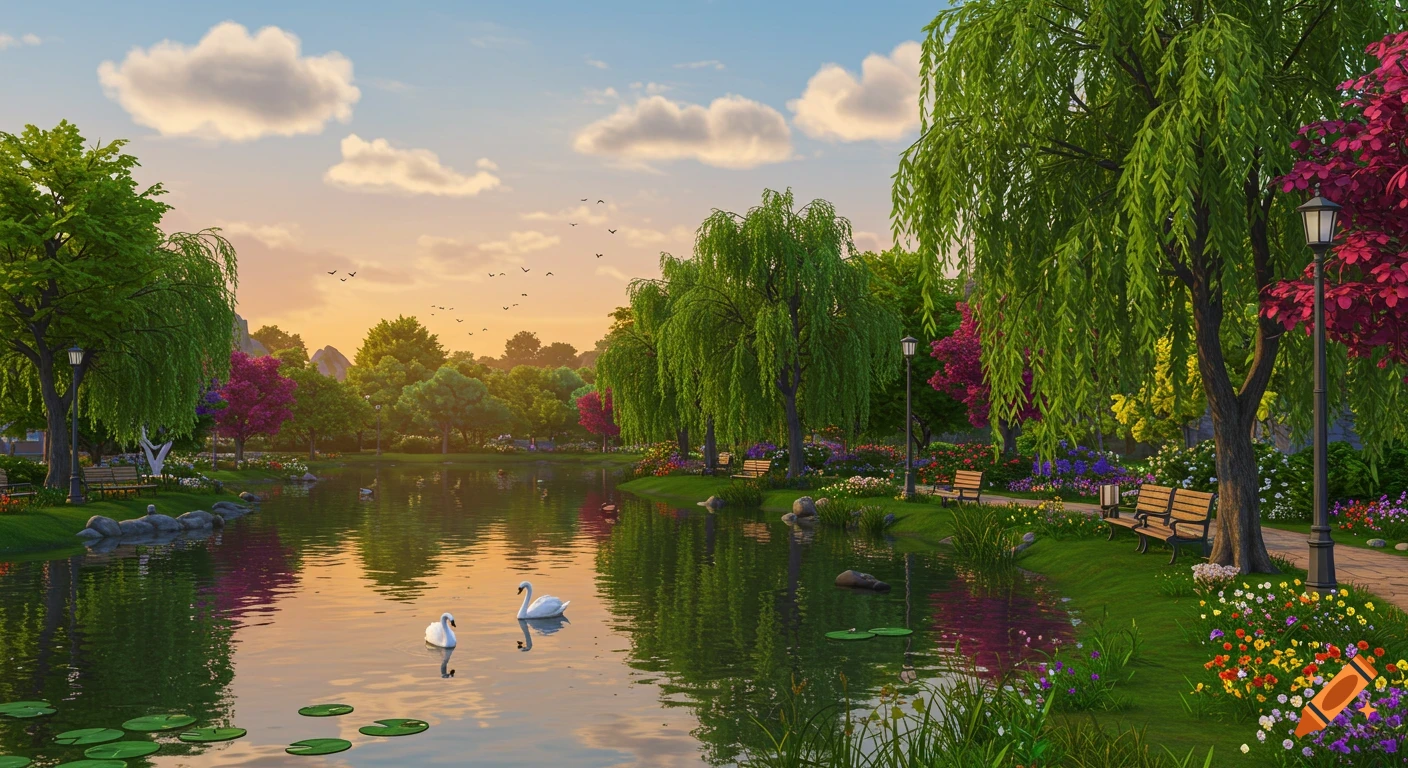 A stylized game art landscape of a serene park with a lake, two swans, colorful trees, and flowers under a sunset sky.