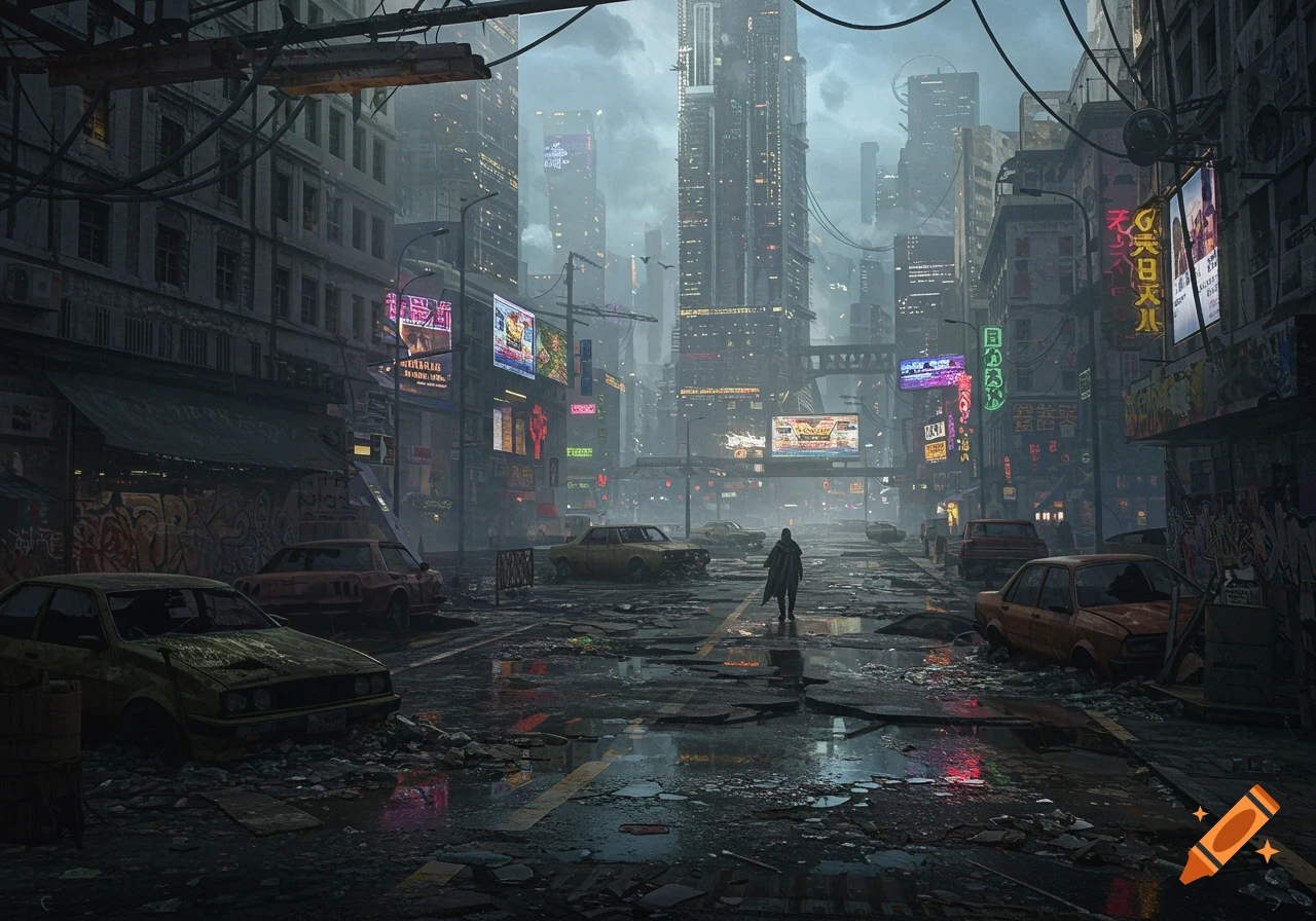 A lone figure walks through a dark, rainy, and dilapidated dystopian cityscape at dusk, surrounded by towering buildings and neon signs.