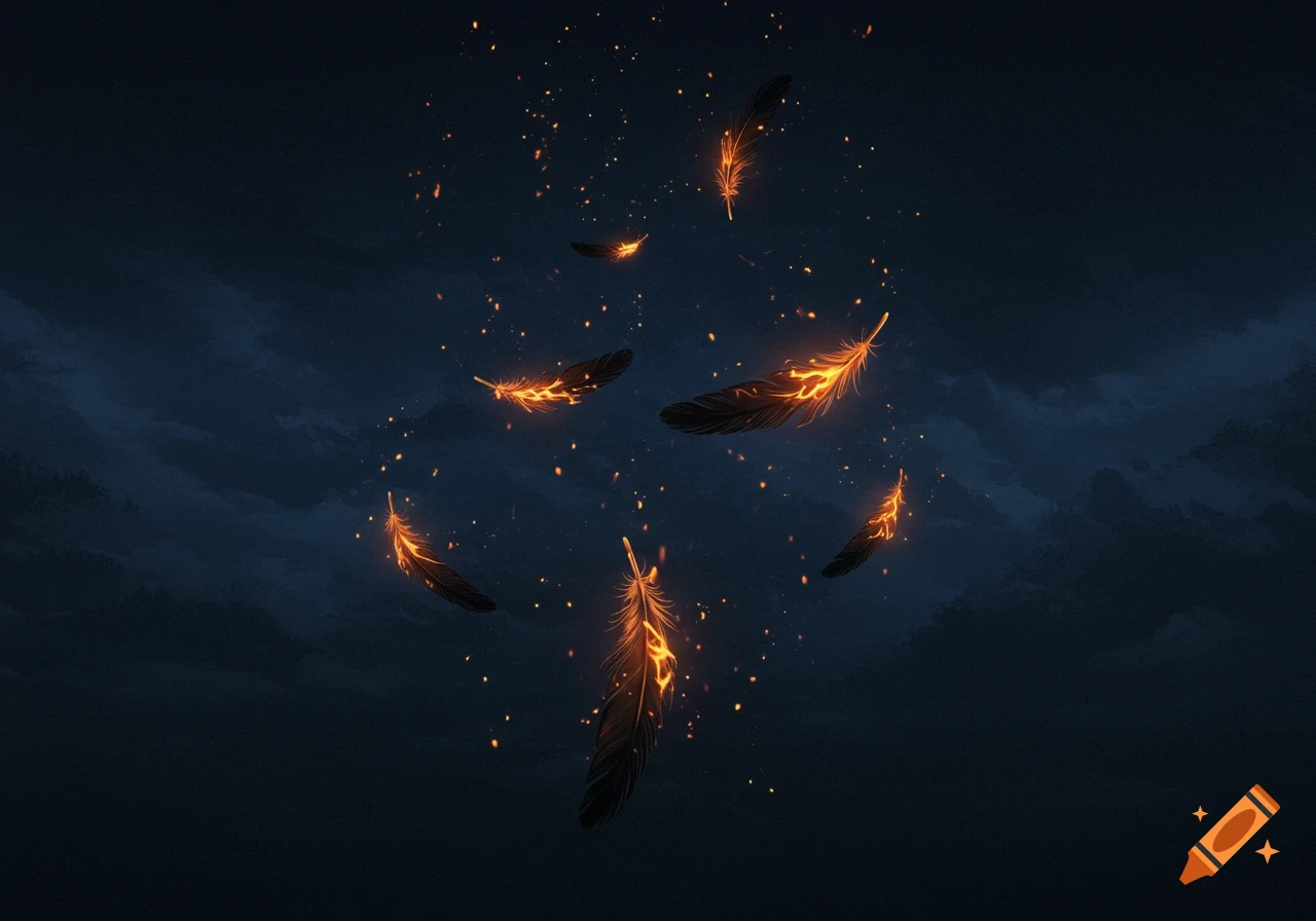 Dark raven feathers glow with fire as they fall through a somber night sky with scattered sparks.