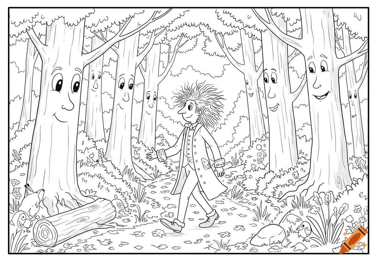 A man with messy hair and a long coat walks through a whimsical forest with smiling trees, in a black and white line art style.